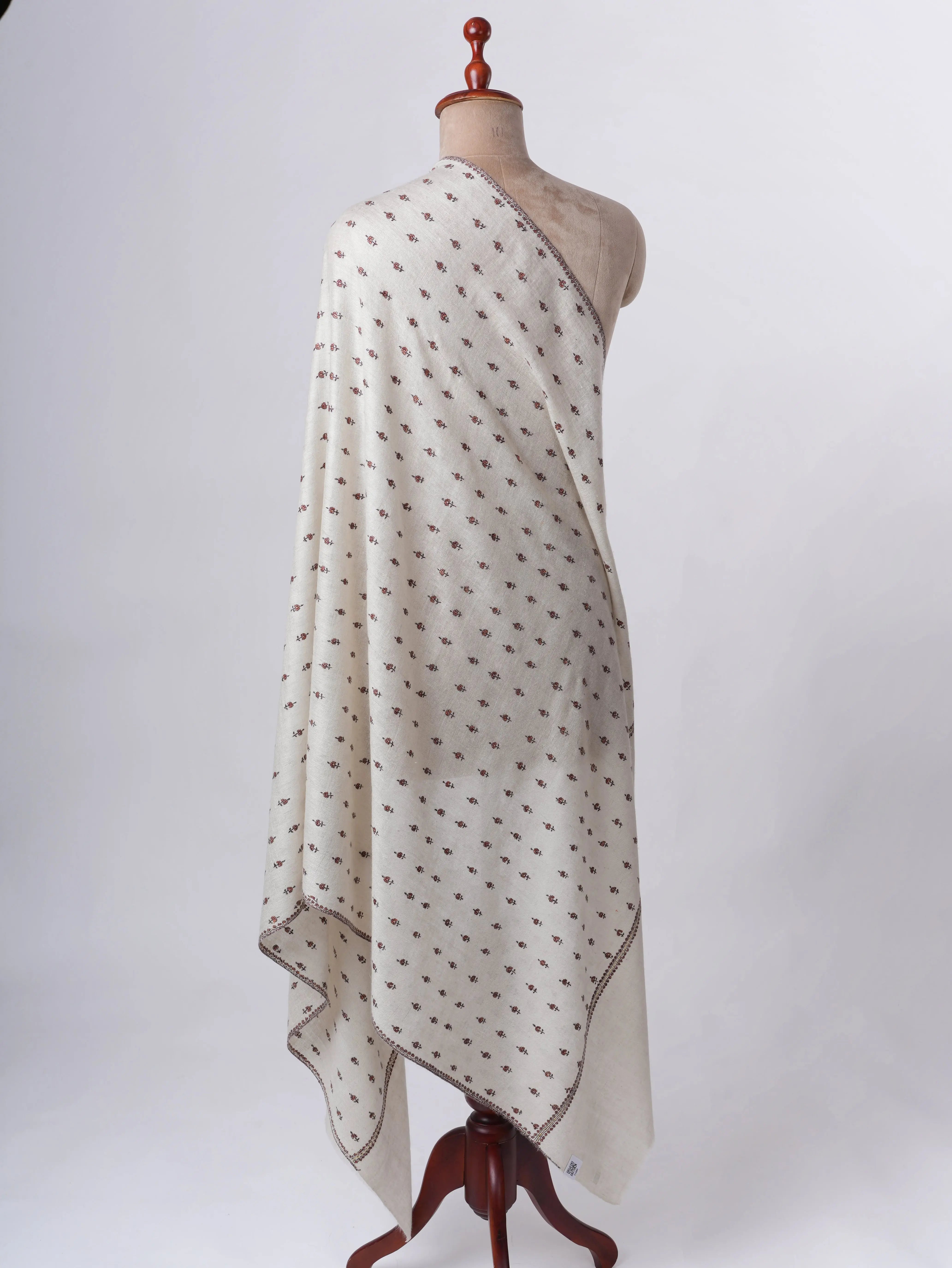 Handspun Buteh Embroidered Ivory Pashmina Shawl Shahkaar