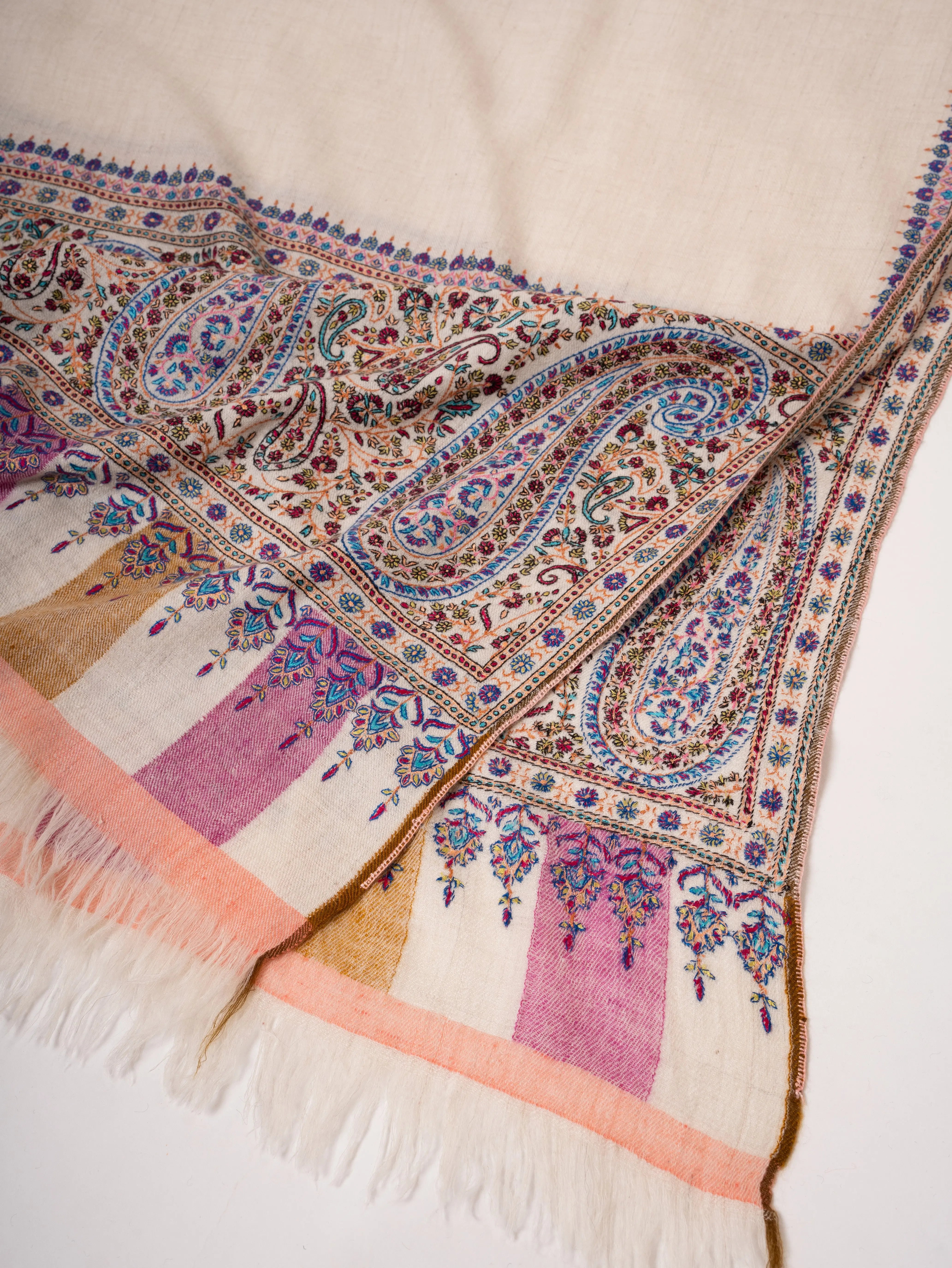 Handspun Kashmiri Pashmina Shawl Kani Weave & Palla Embroidery on Ends Shahkaar