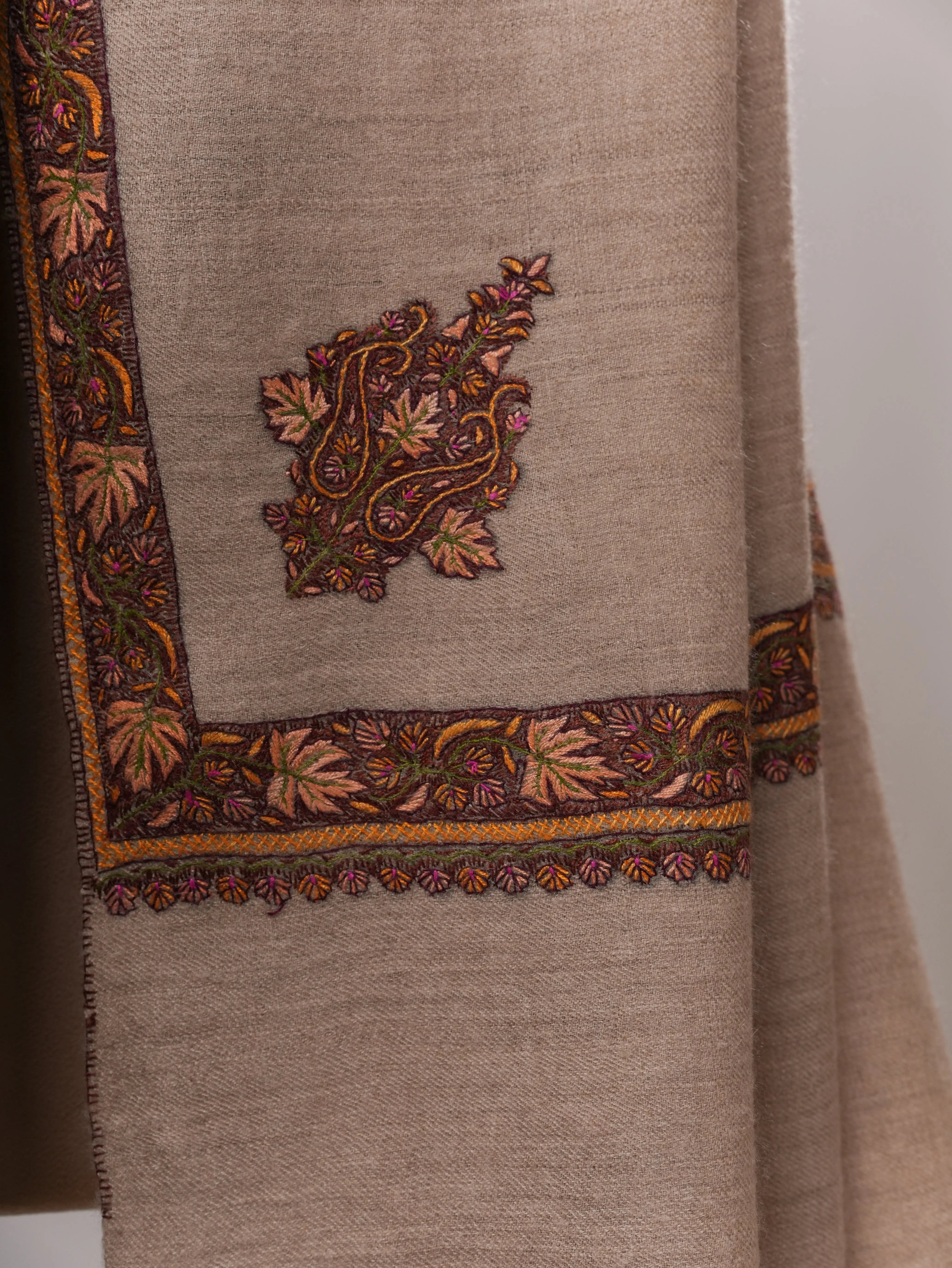 Handspun Pure Pashmina Oversized Shawl with Daur Hand Embroidery Shahkaar
