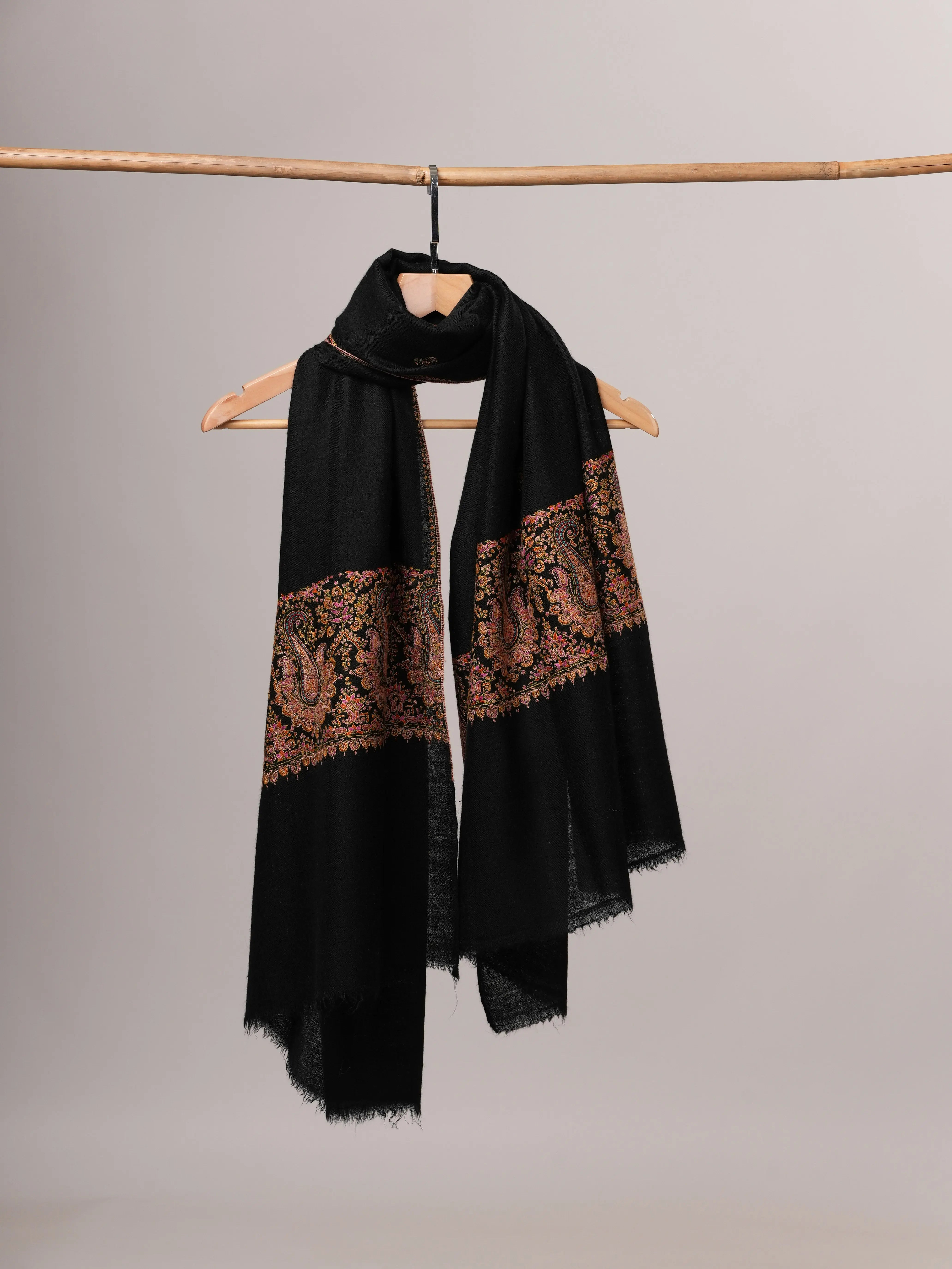 Handwoven Black Cashmere Scarf with Paisley Palla Embroidery Shahkaar