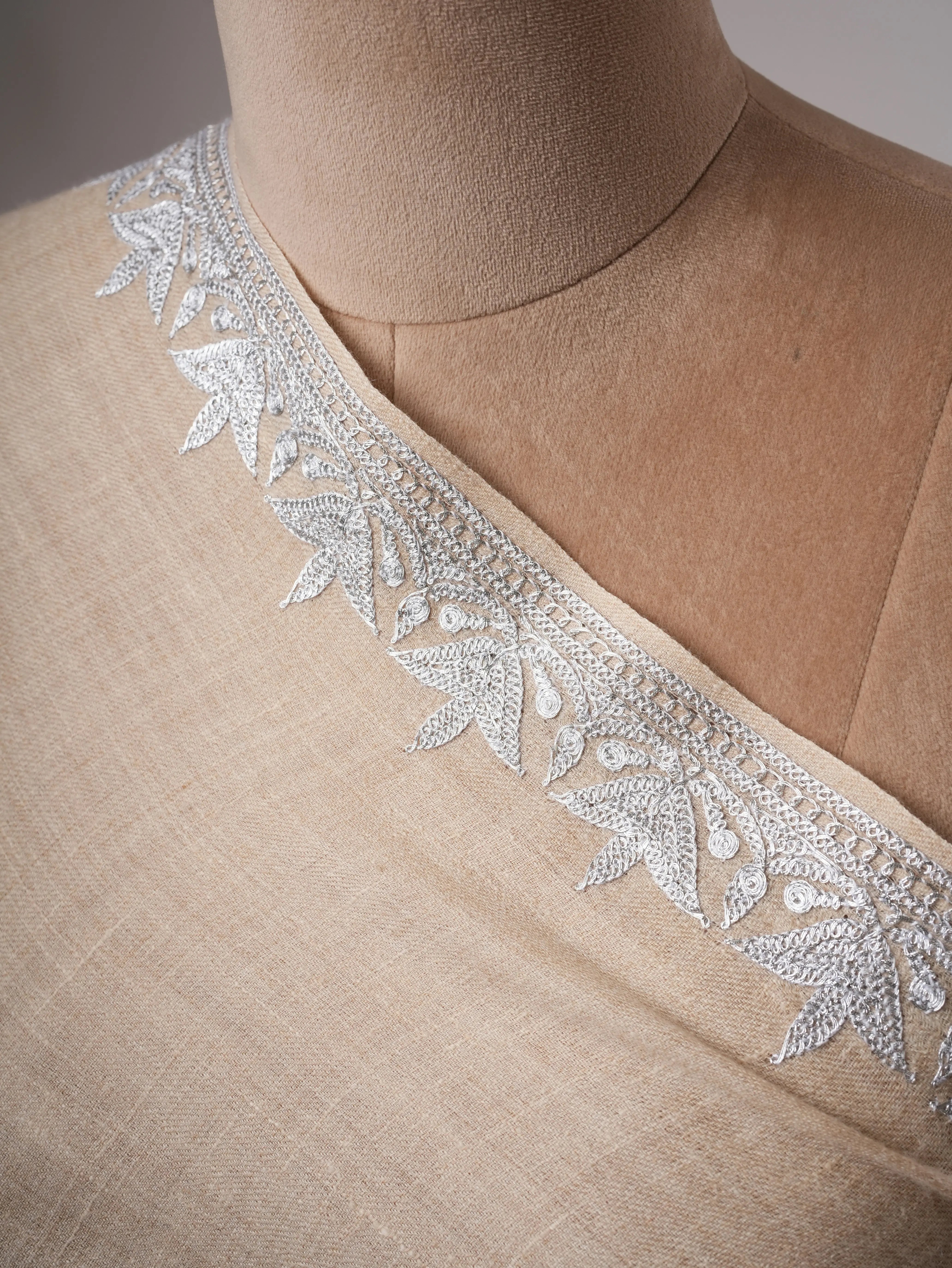 Handwoven Cream Pashmina Shawl Featuring Silver Tilla Daur Work Shahkaar