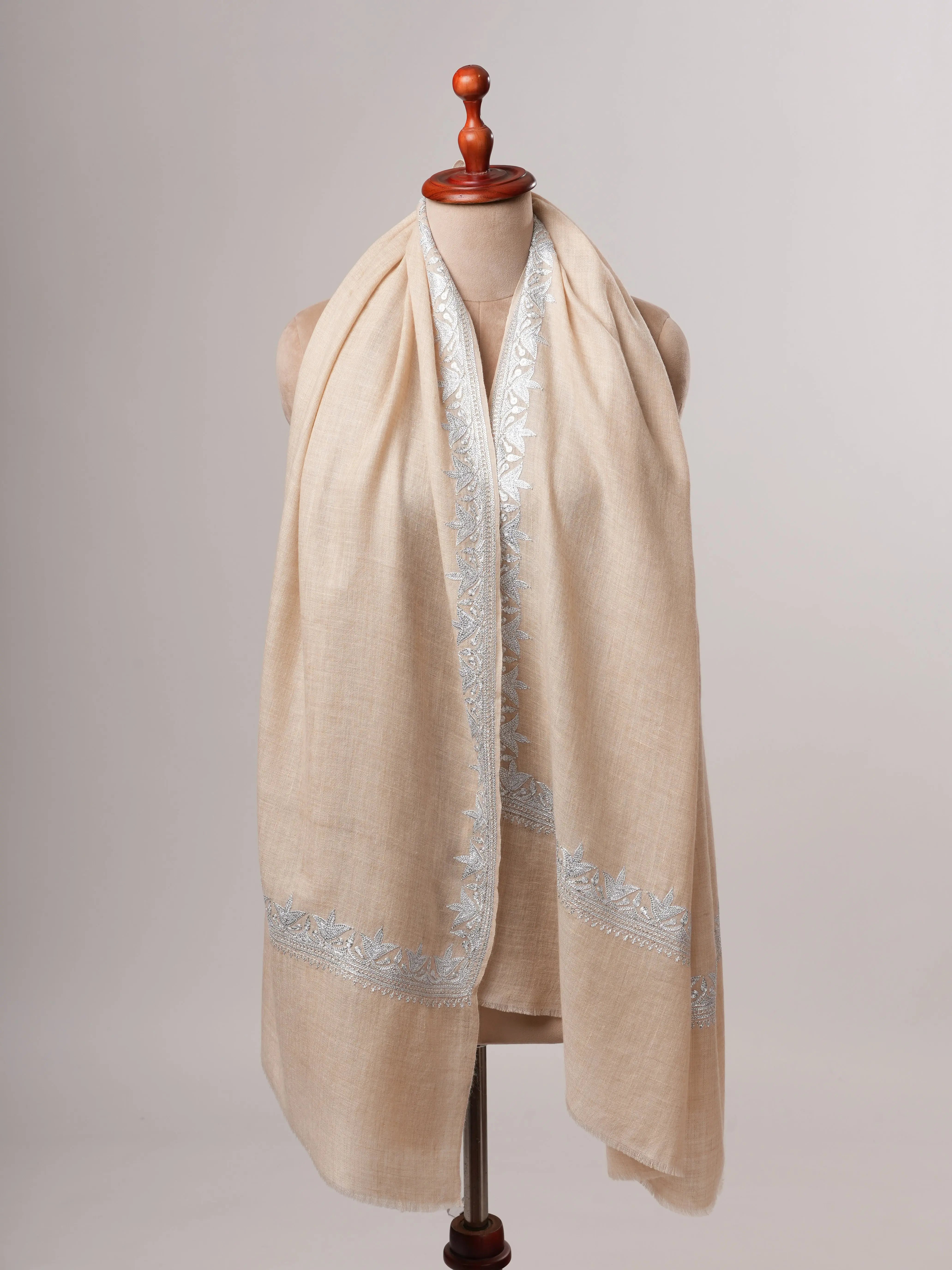 Handwoven Cream Pashmina Shawl Featuring Silver Tilla Daur Work Shahkaar