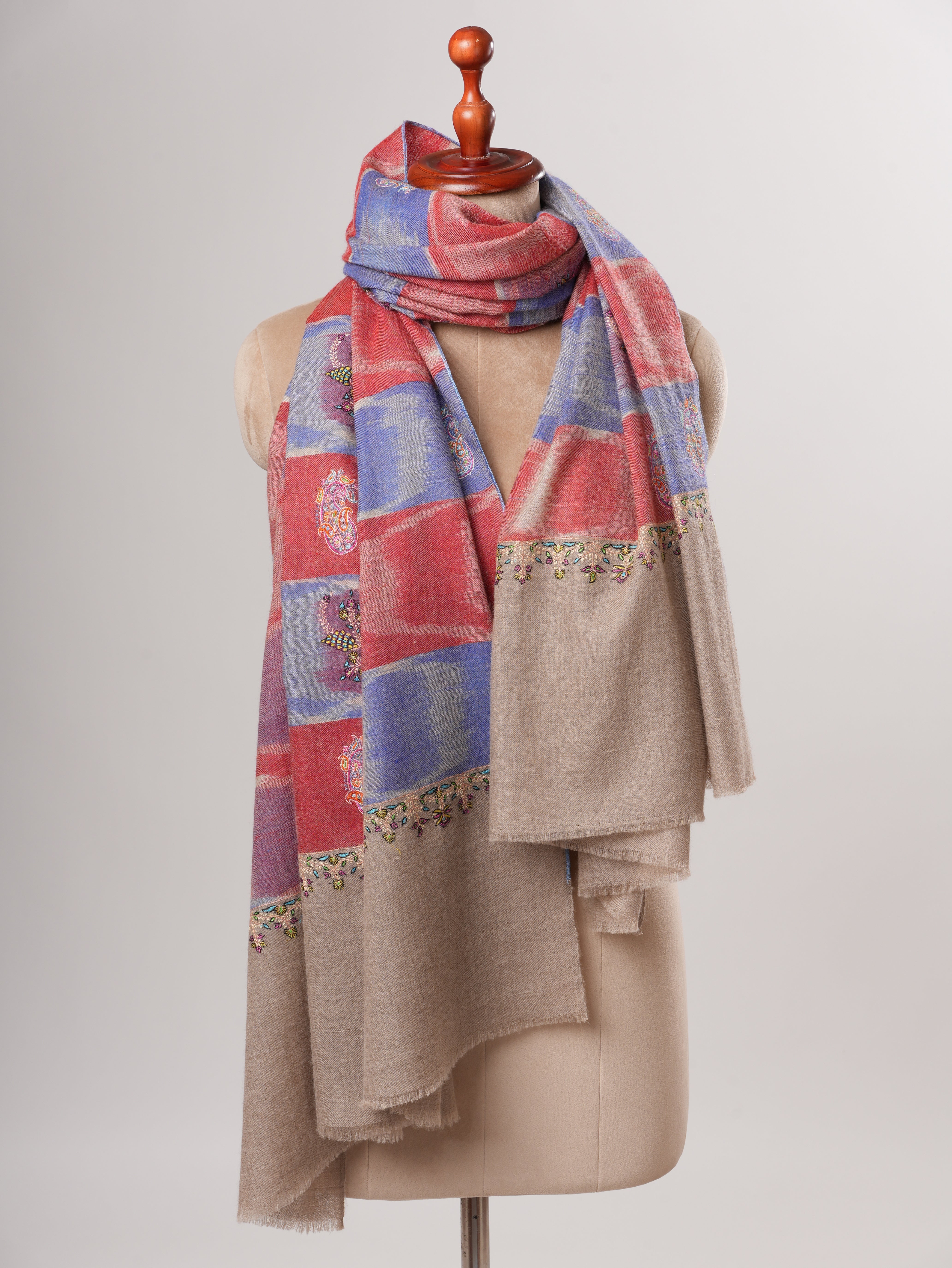 Handwoven Ikat Shahkaar Pashmina Shawl with Hand Embroidered Paisley Shahkaar