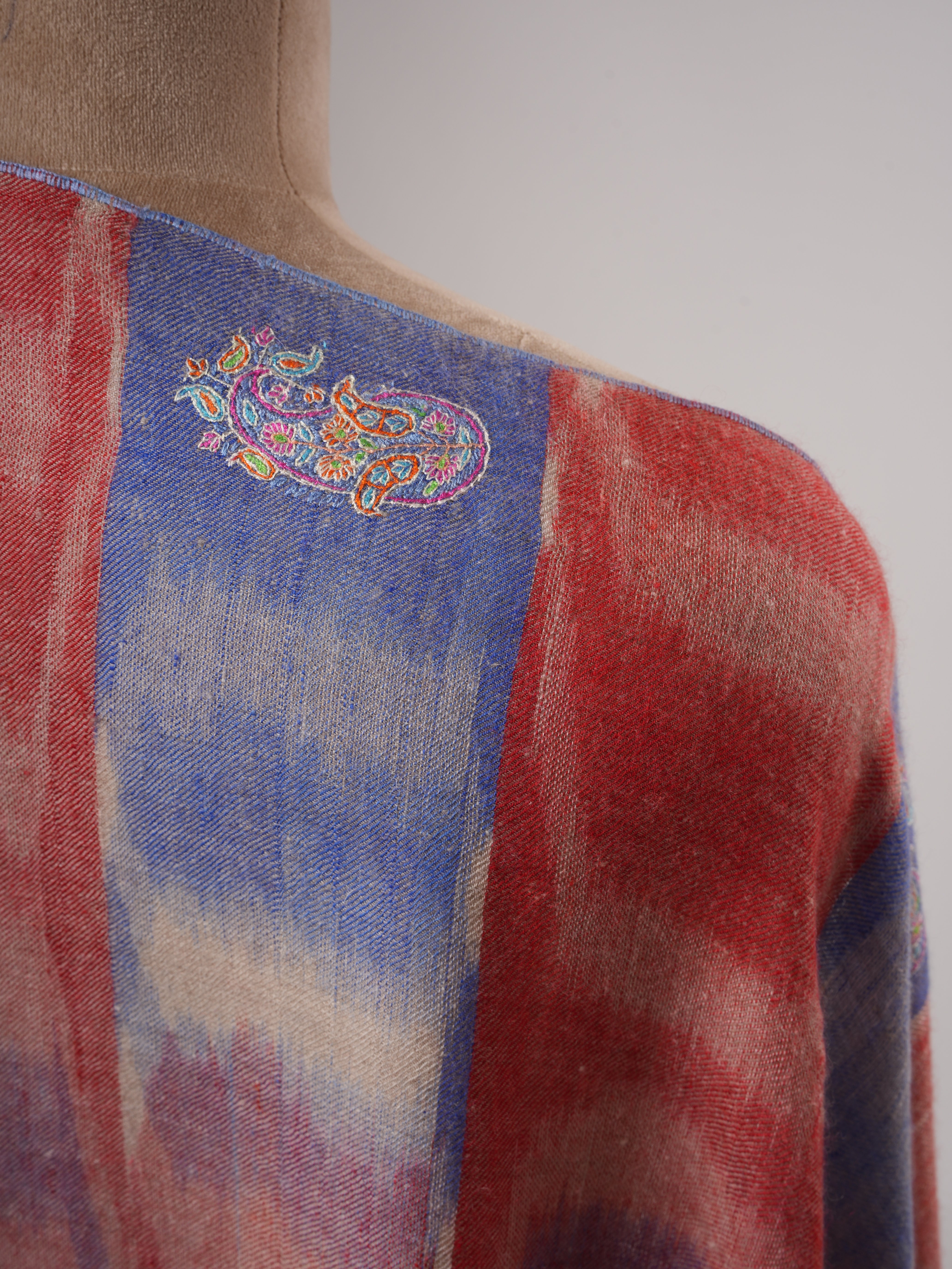 Handwoven Ikat Shahkaar Pashmina Shawl with Hand Embroidered Paisley Shahkaar