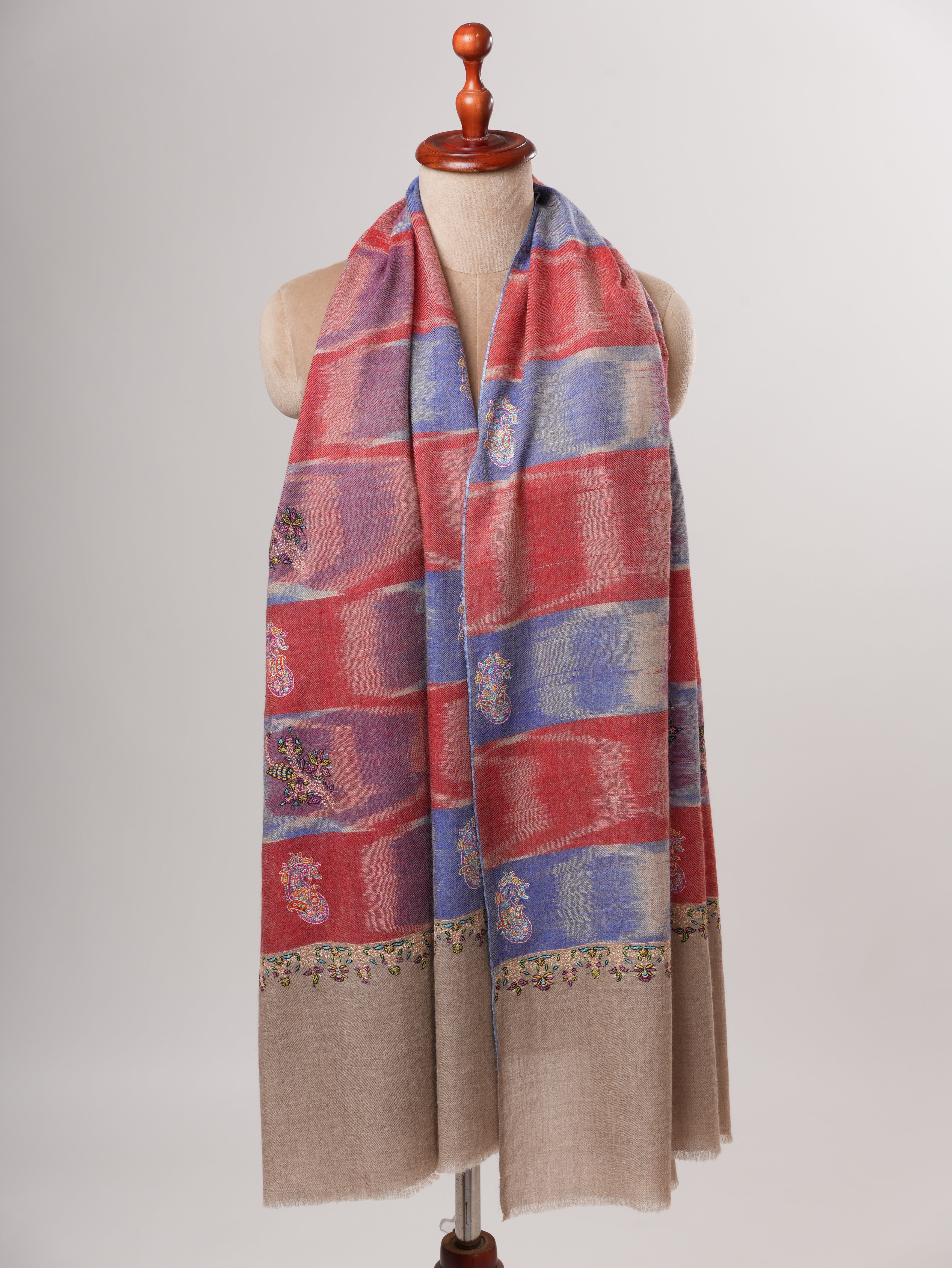 Handwoven Ikat Shahkaar Pashmina Shawl with Hand Embroidered Paisley Shahkaar