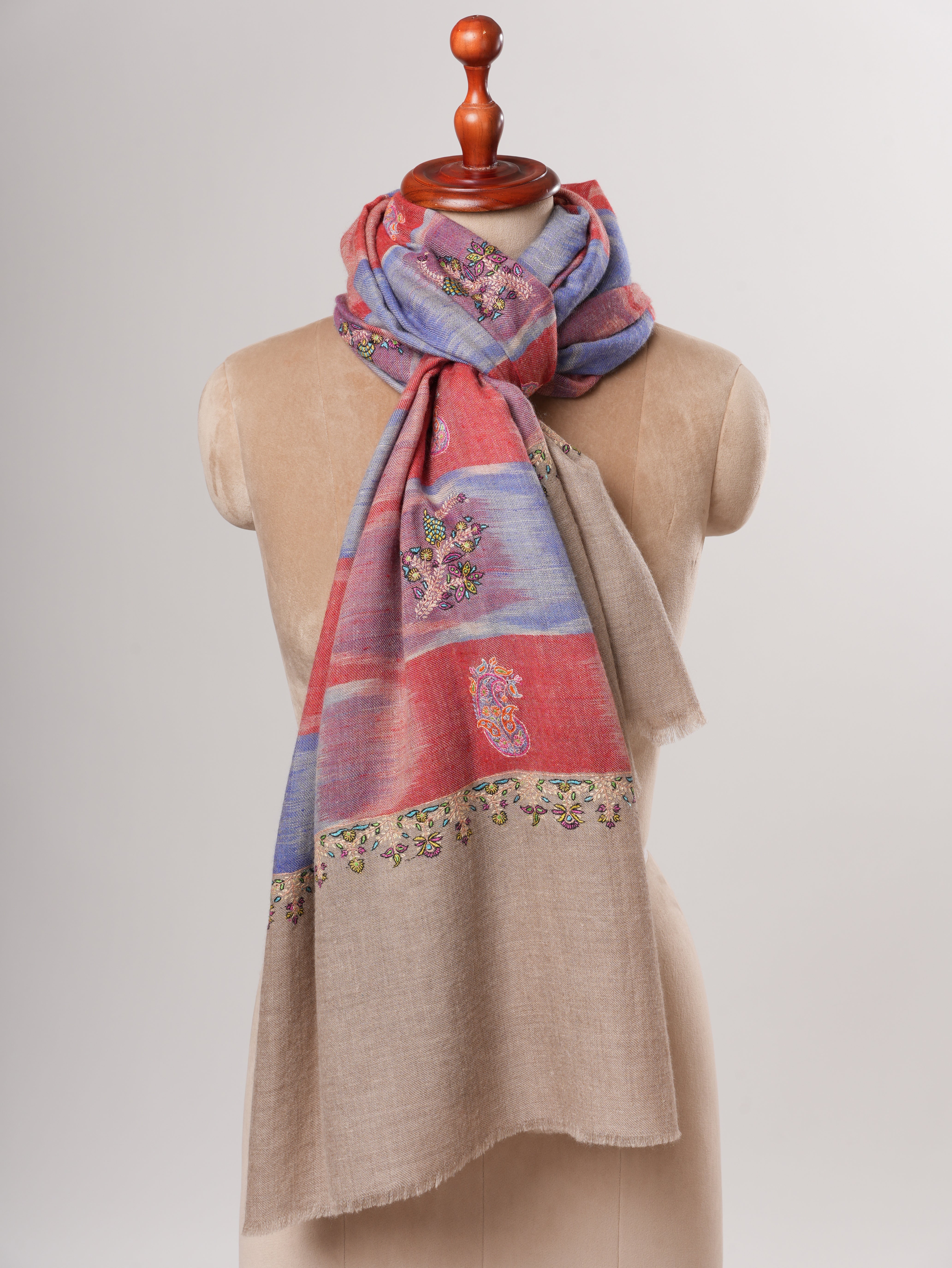 Handwoven Ikat Shahkaar Pashmina Shawl with Hand Embroidered Paisley Shahkaar