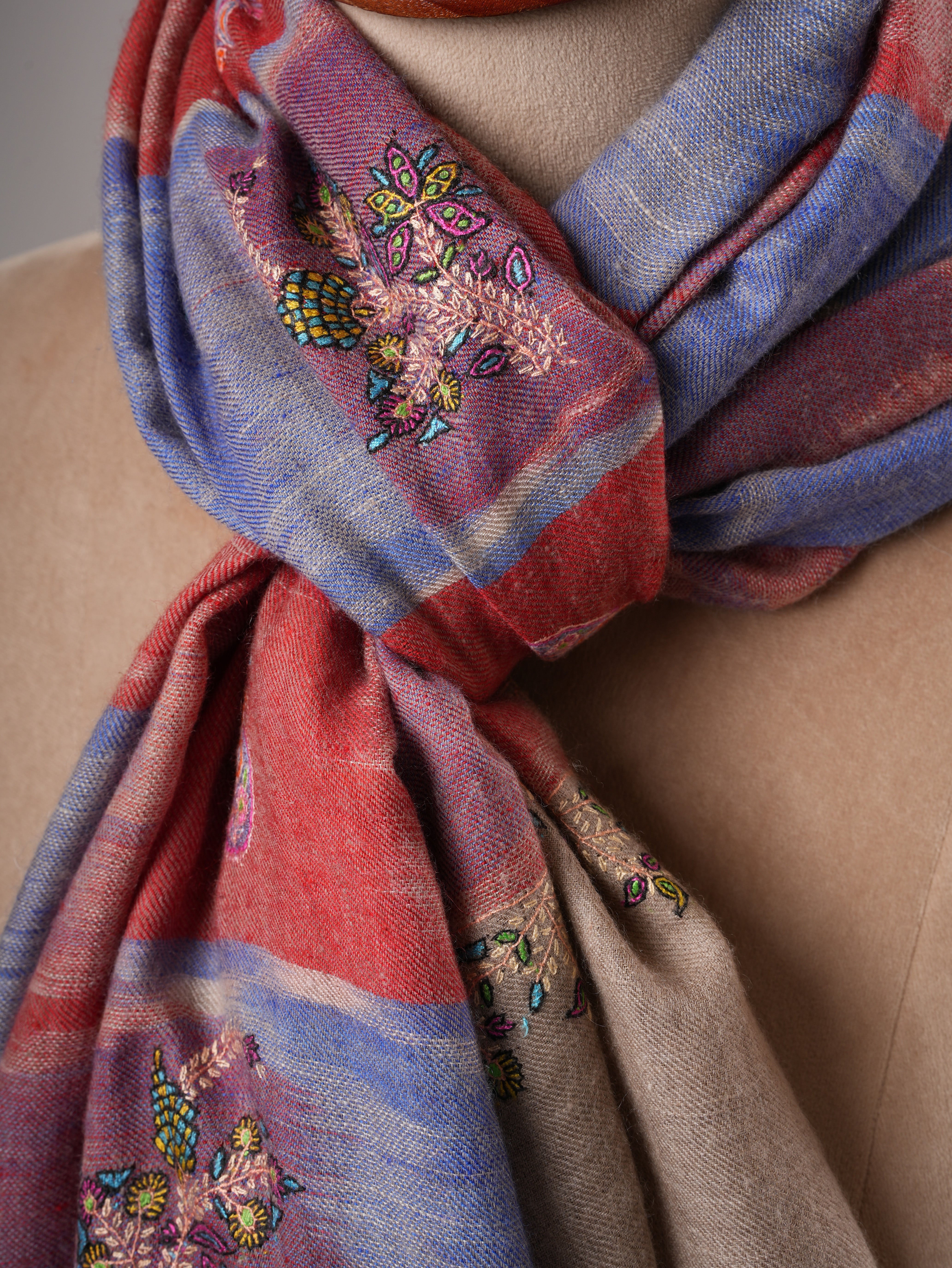 Handwoven Ikat Shahkaar Pashmina Shawl with Hand Embroidered Paisley Shahkaar
