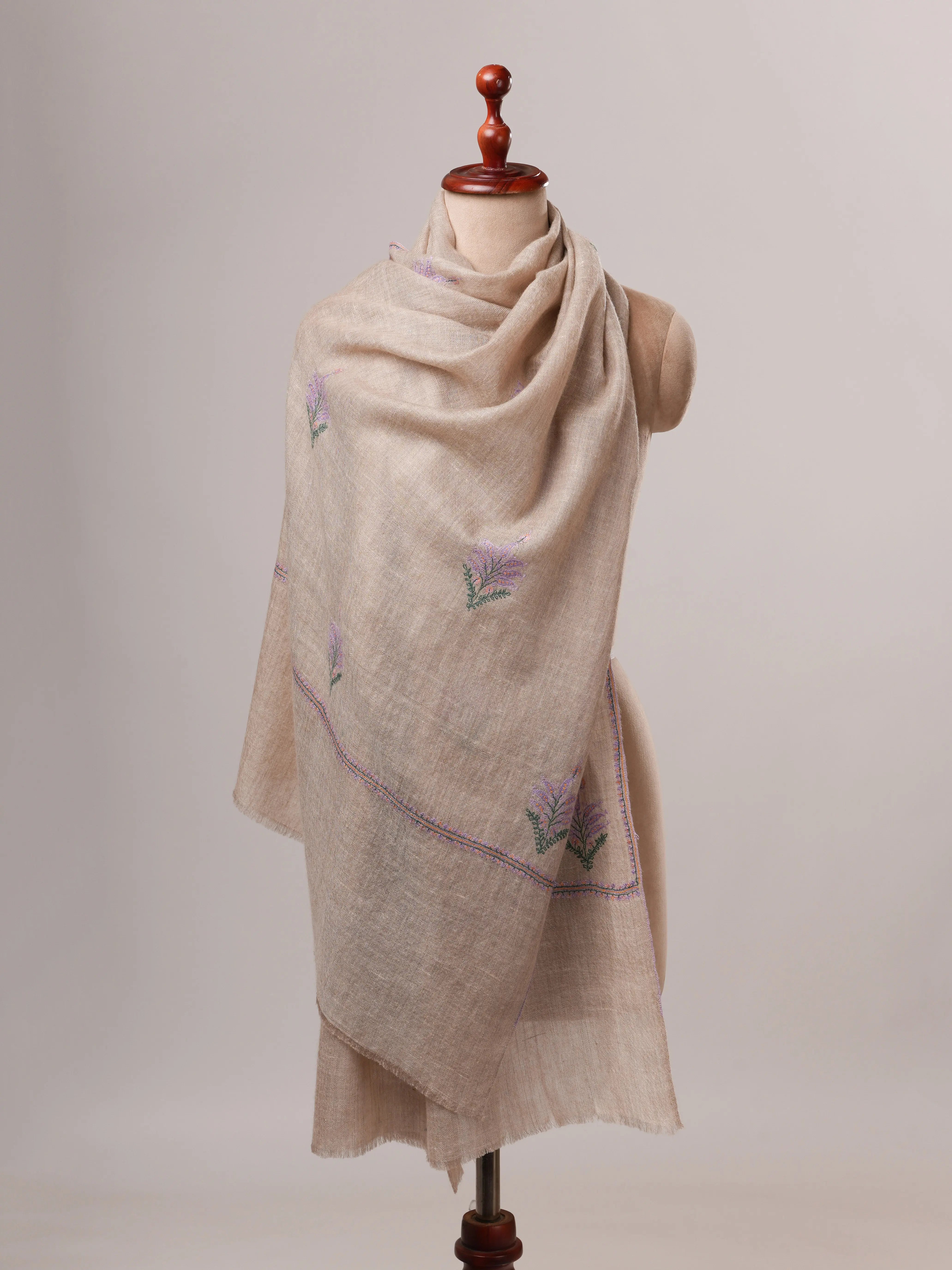 Handwoven Natural Grey Cashmere Scarf with Traditional Buteh Shahkaar