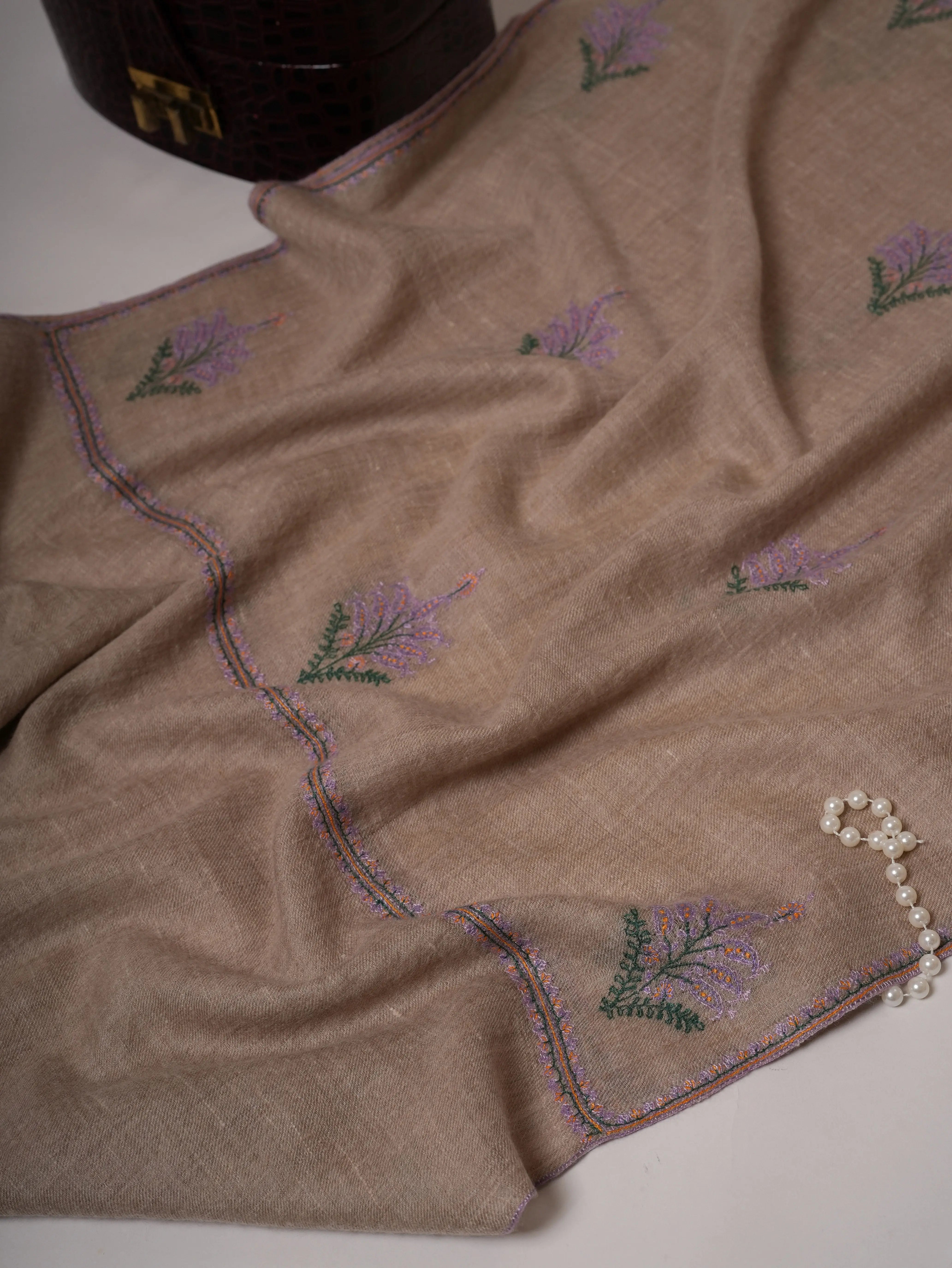 Handwoven Natural Grey Cashmere Scarf with Traditional Buteh Shahkaar