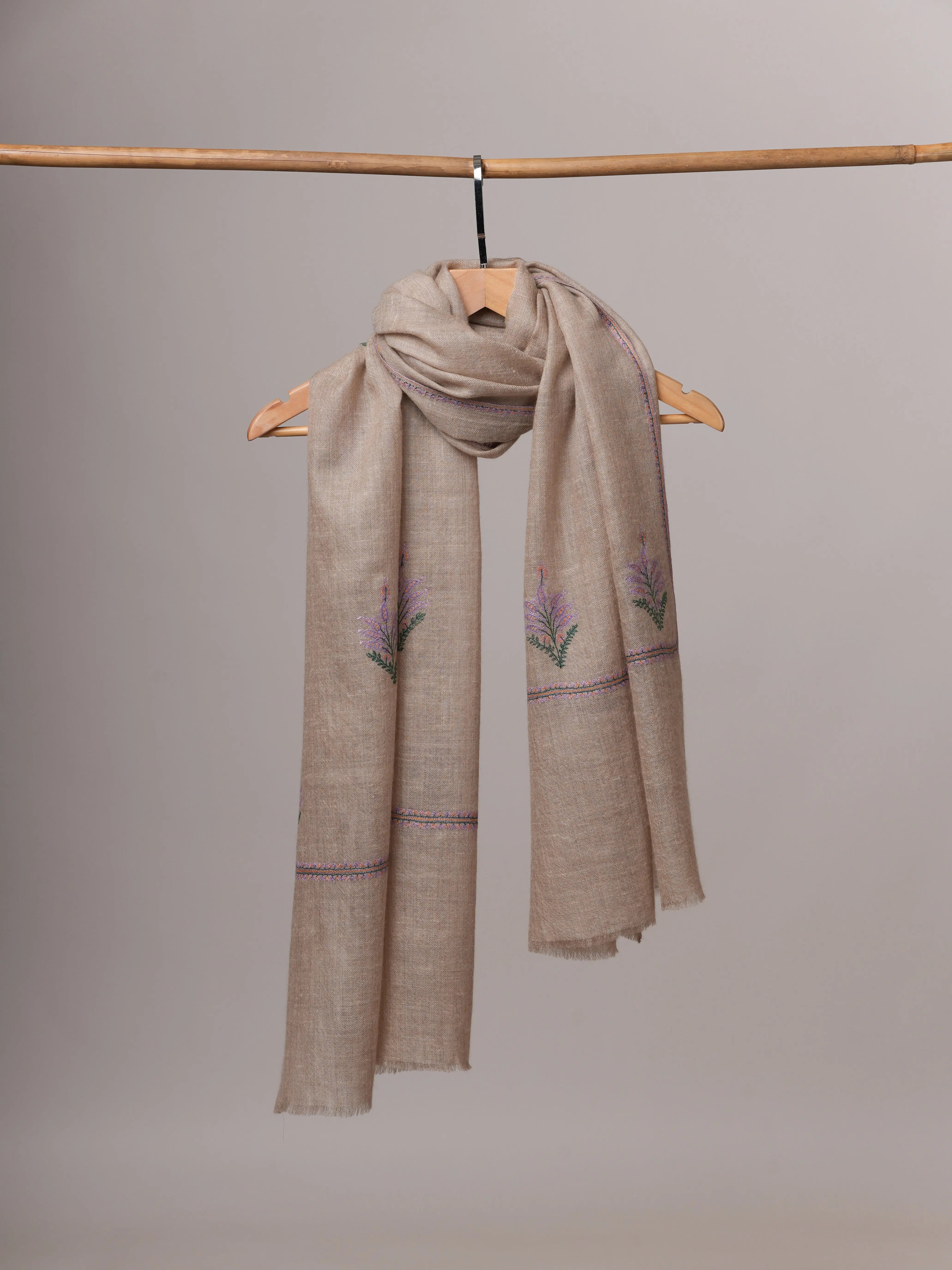 Handwoven Natural Grey Cashmere Scarf with Traditional Buteh Shahkaar