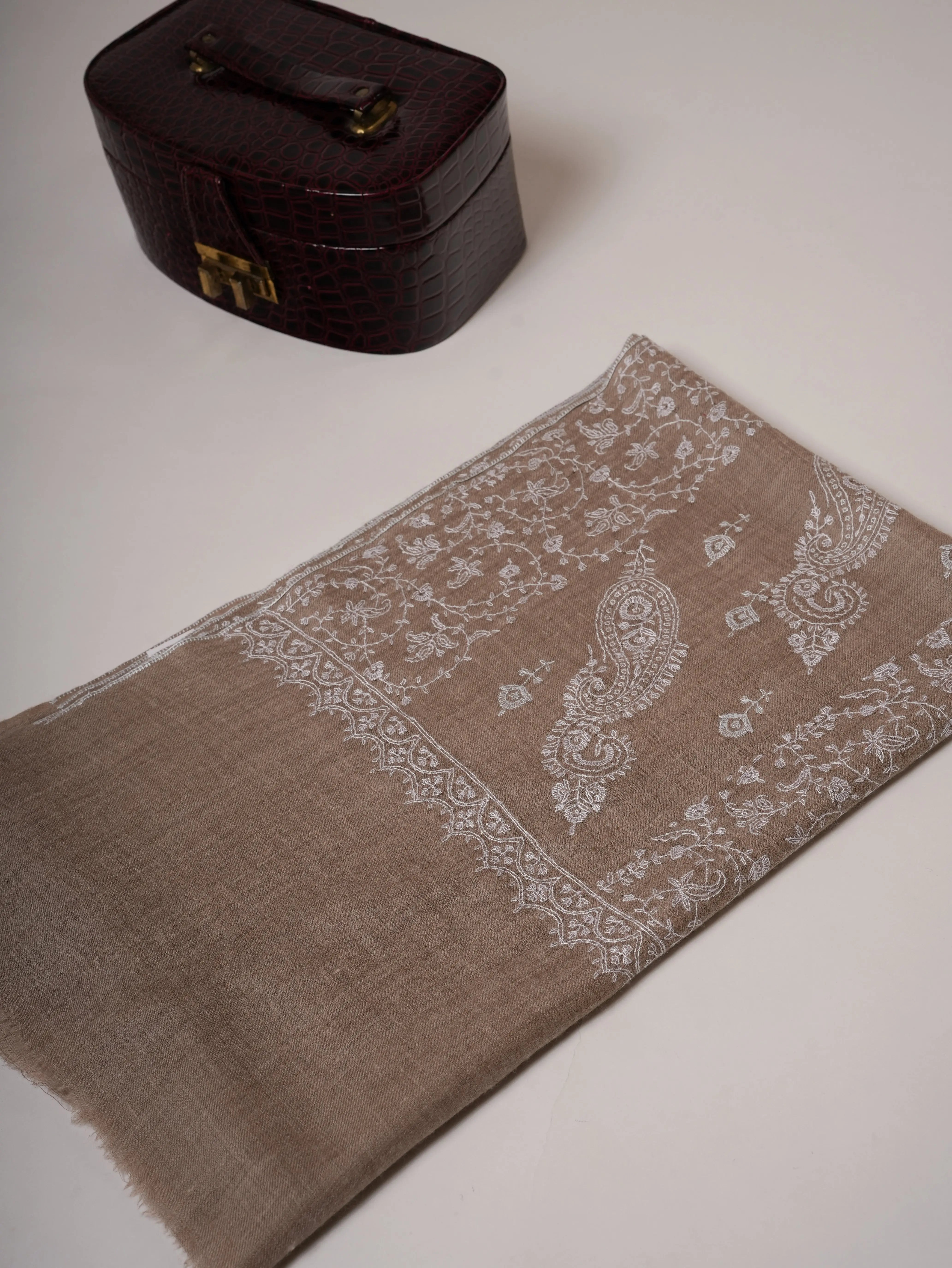 Handwoven Natural Grey Cashmere Scarf with White Embroidery Shahkaar