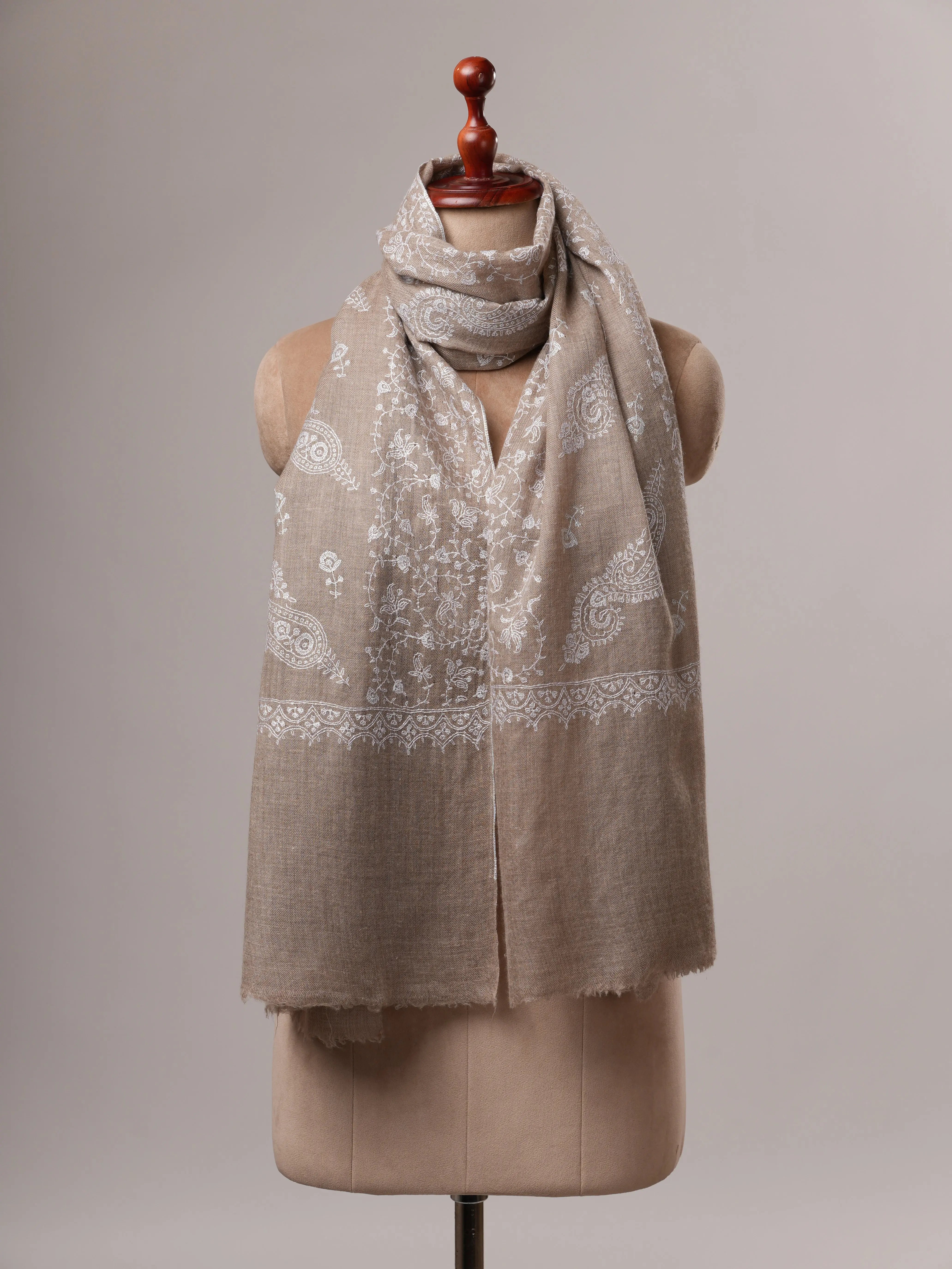 Handwoven Natural Grey Cashmere Scarf with White Embroidery Shahkaar