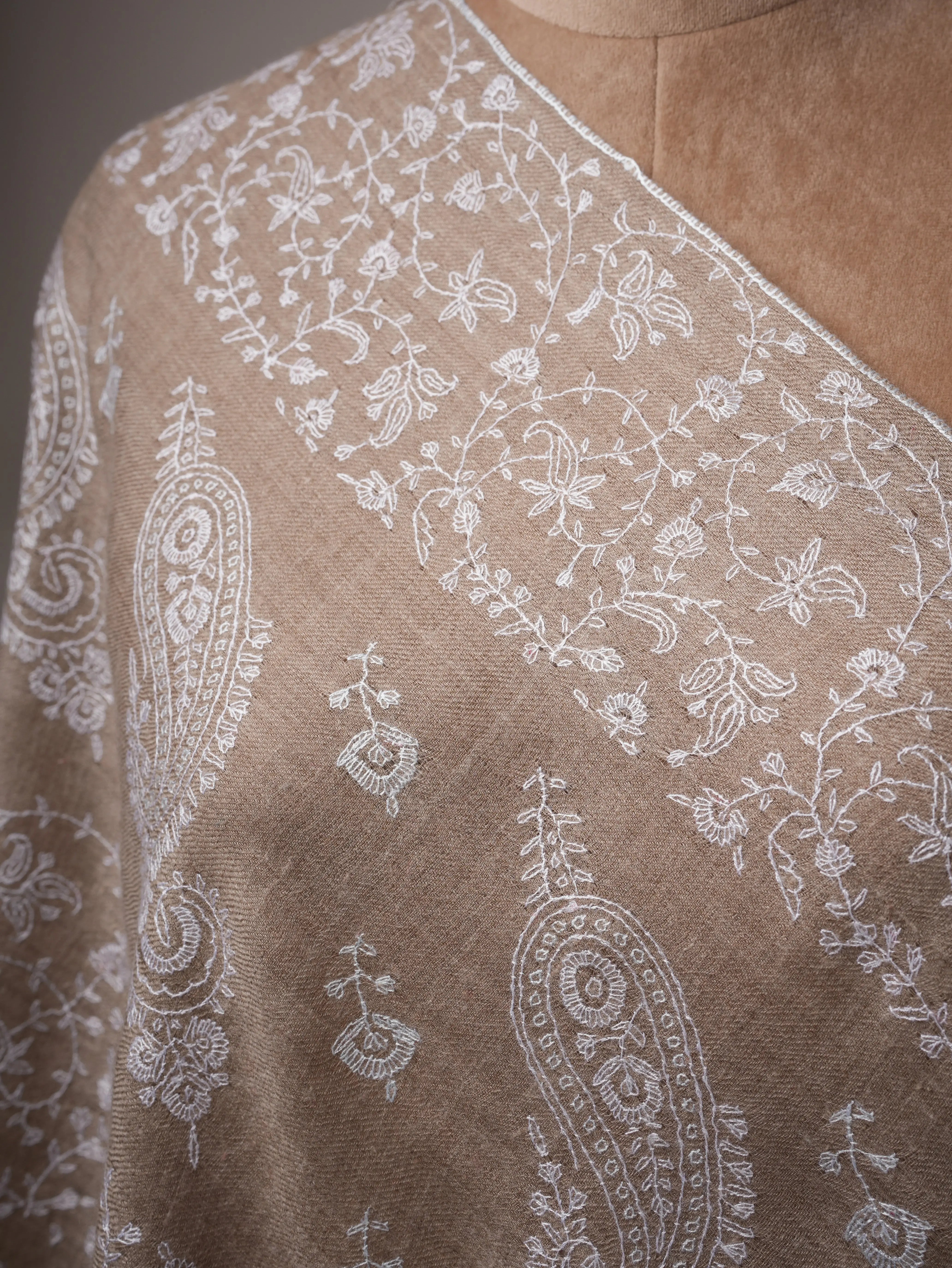 Handwoven Natural Grey Cashmere Scarf with White Embroidery Shahkaar