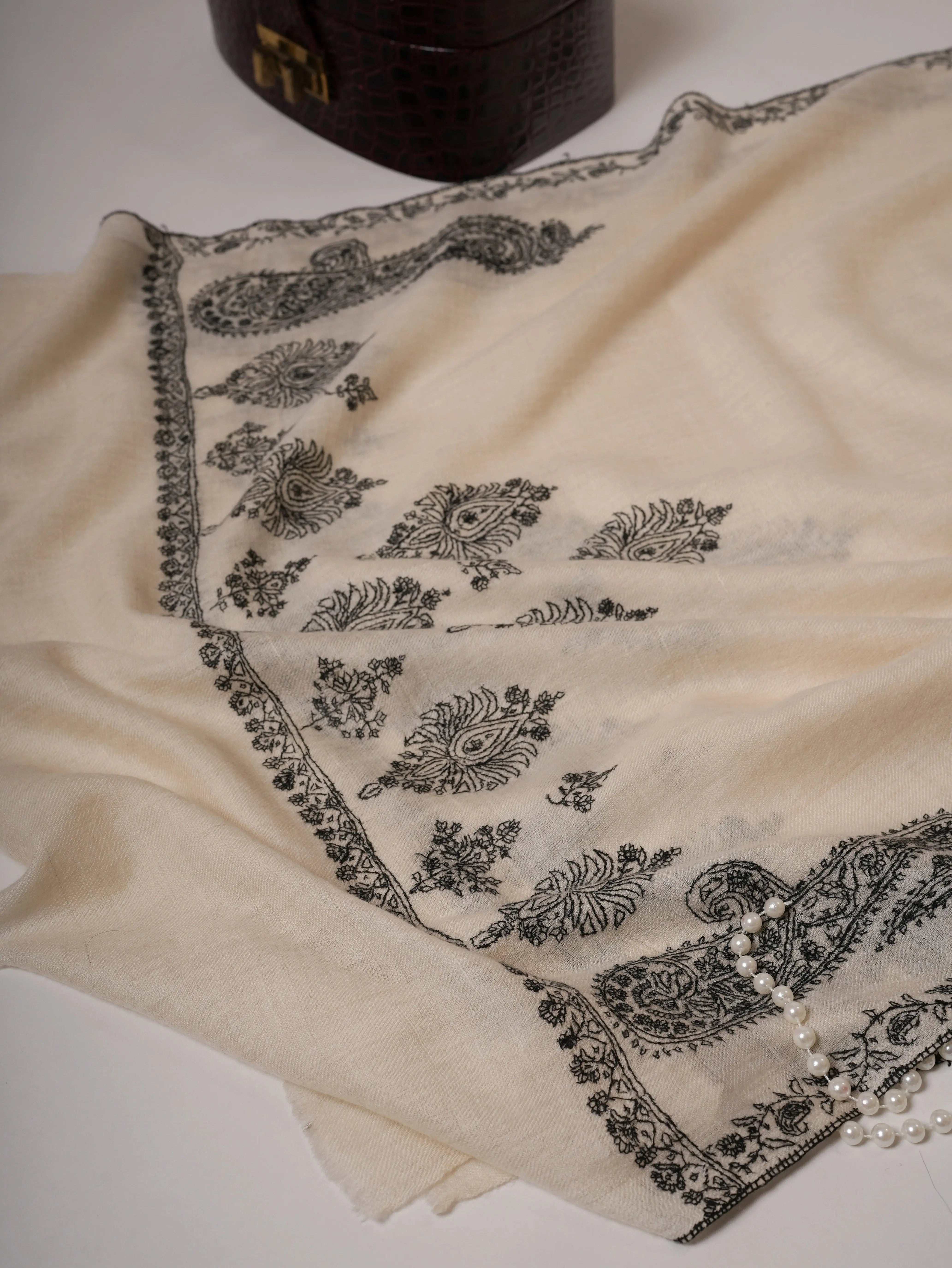 Handwoven Natural Ivory Cashmere Scarf with Paisley Palla Hand Embroidery Shahkaar
