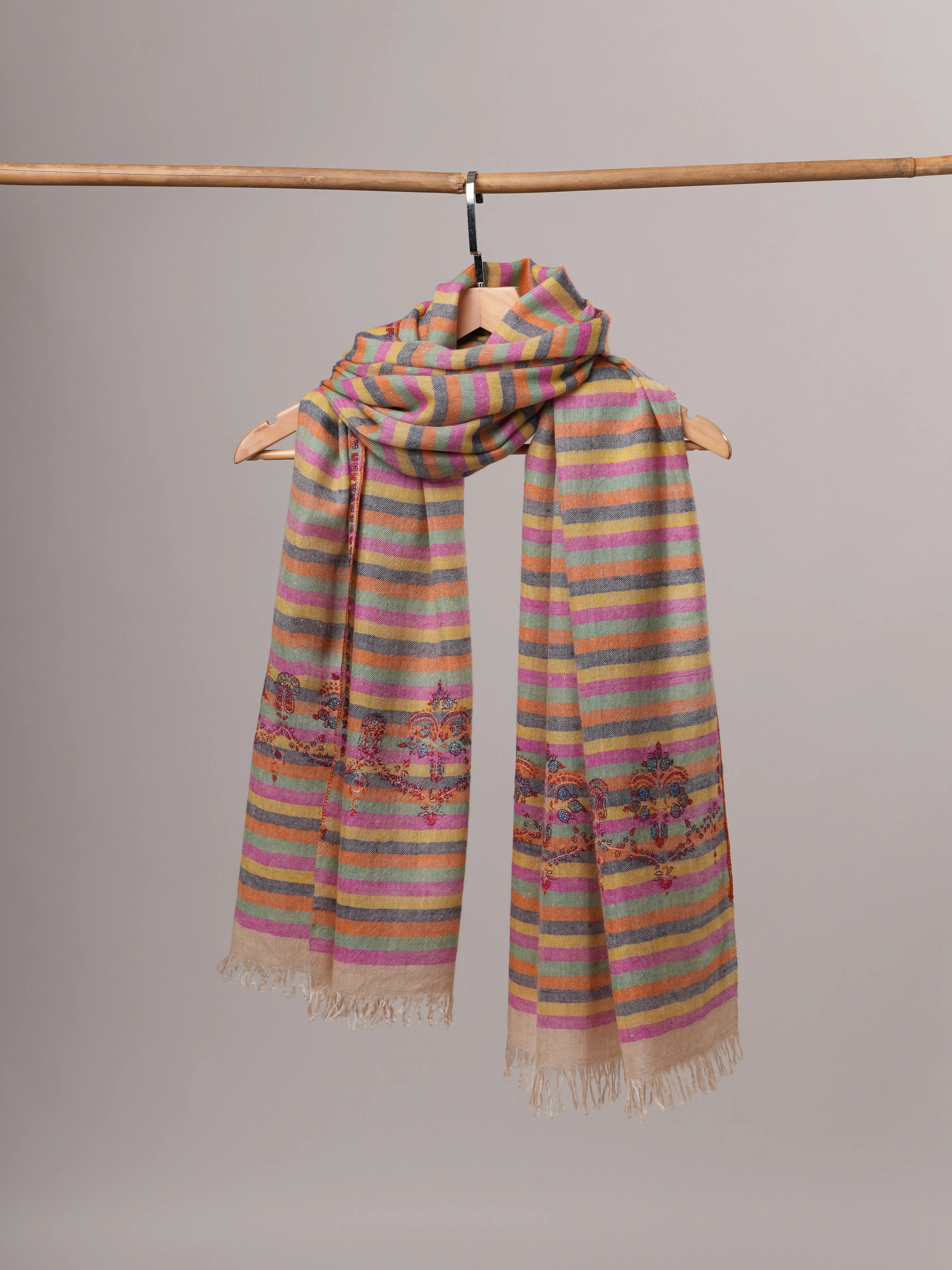 Handwoven Stripe Cashmere Scarf with Minimal Palla Embroidery Shahkaar