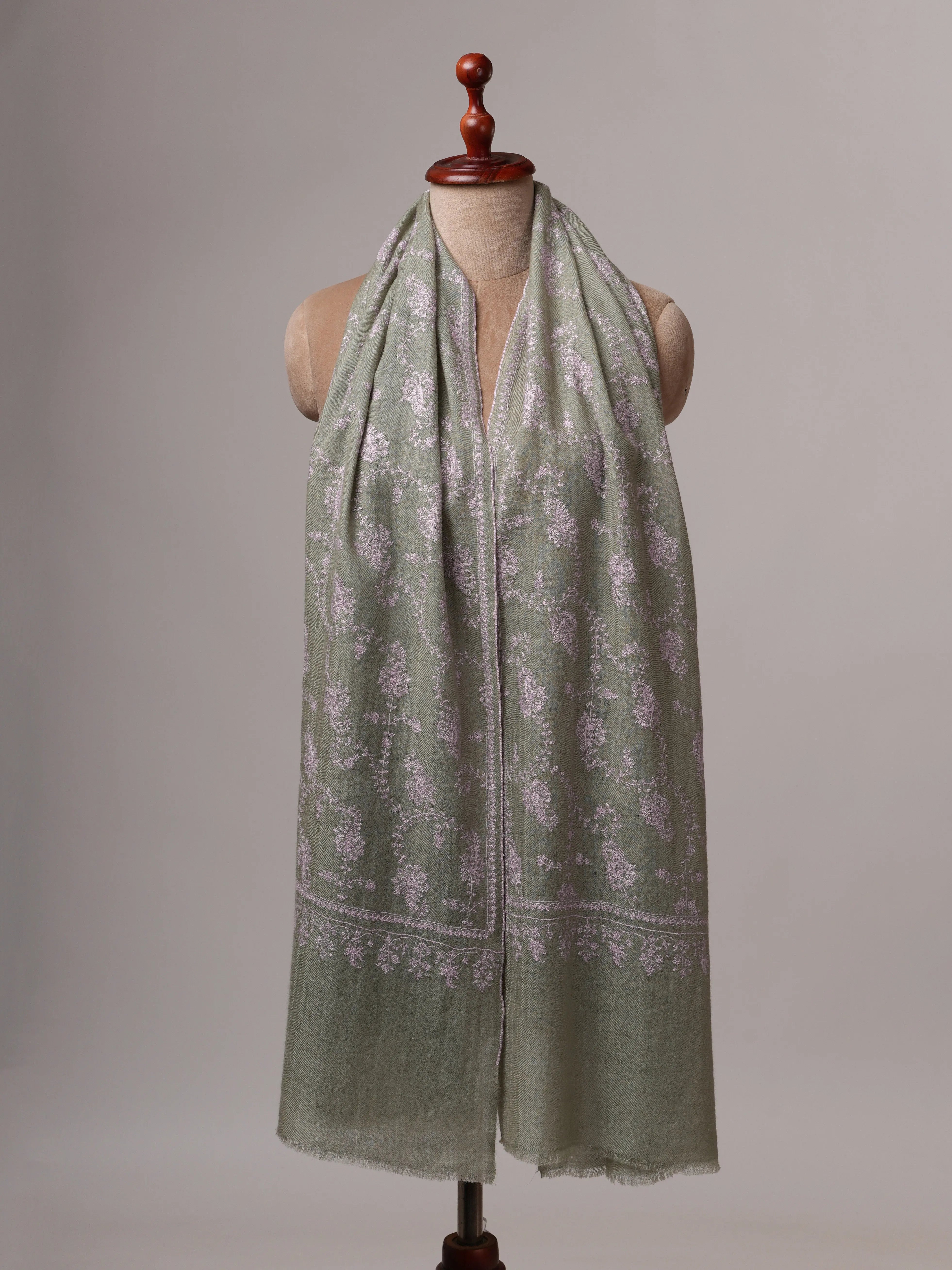 Ice Green Hand Embroidered Cashmere Scarf with Classic Kashmiri Motif Shahkaar