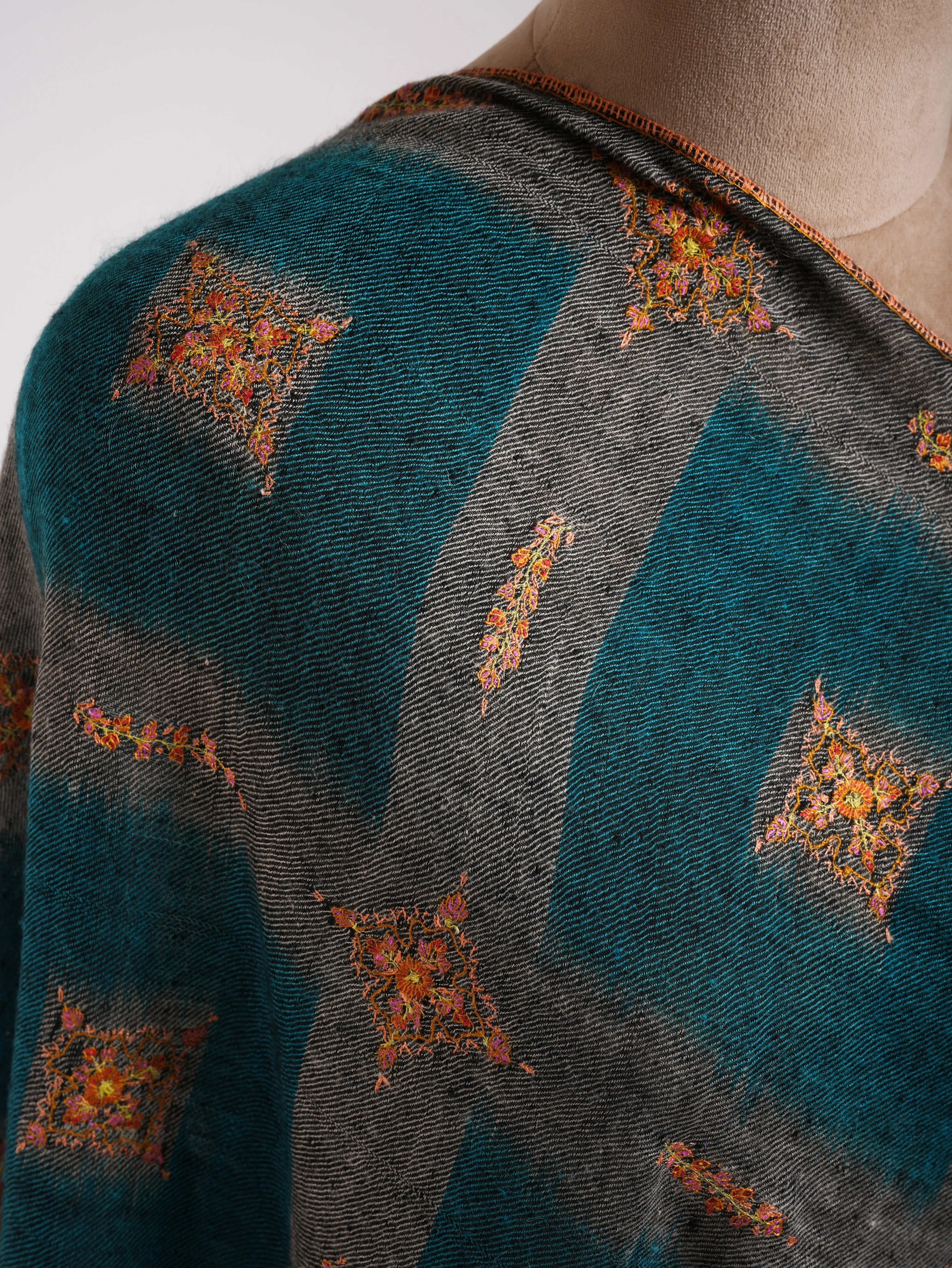 Ikat Handwoven Kashmiri Cashmere Scarf with Hand Embroidery Shahkaar