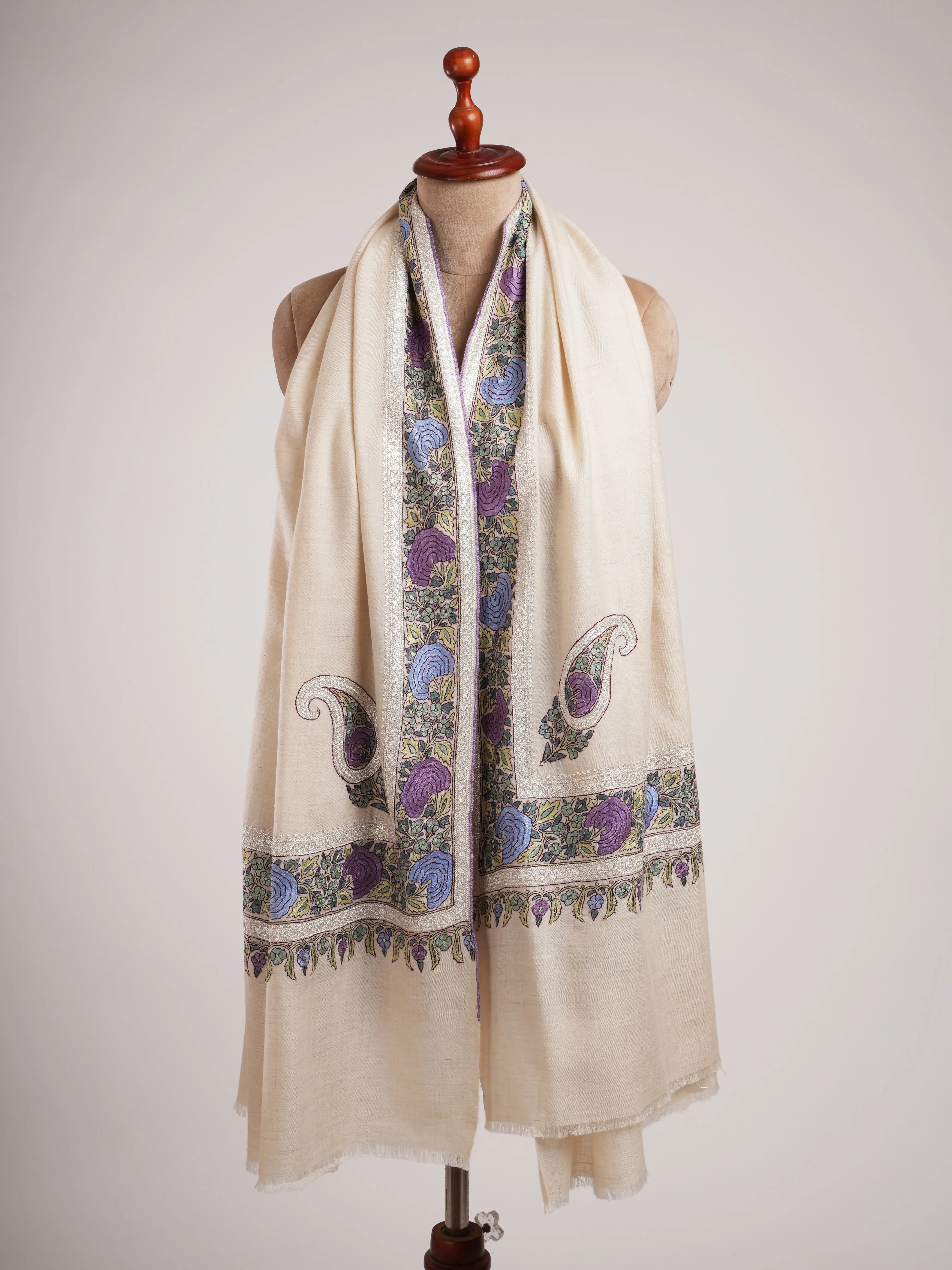 Ivory Artisanal Pashmina with Papermachie and Tilla Embroidery Shahkaar