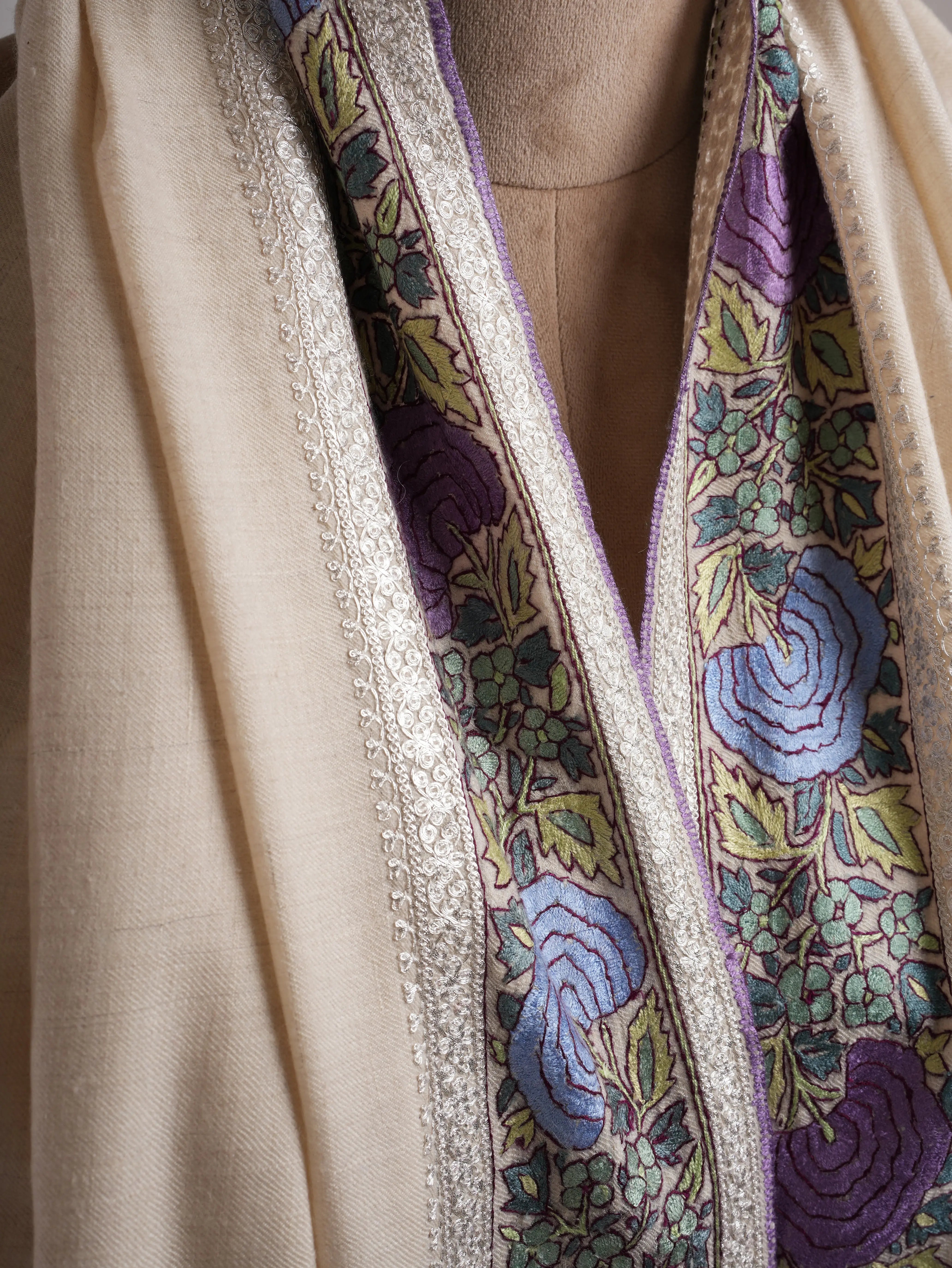 Ivory Artisanal Pashmina with Papermachie and Tilla Embroidery Shahkaar