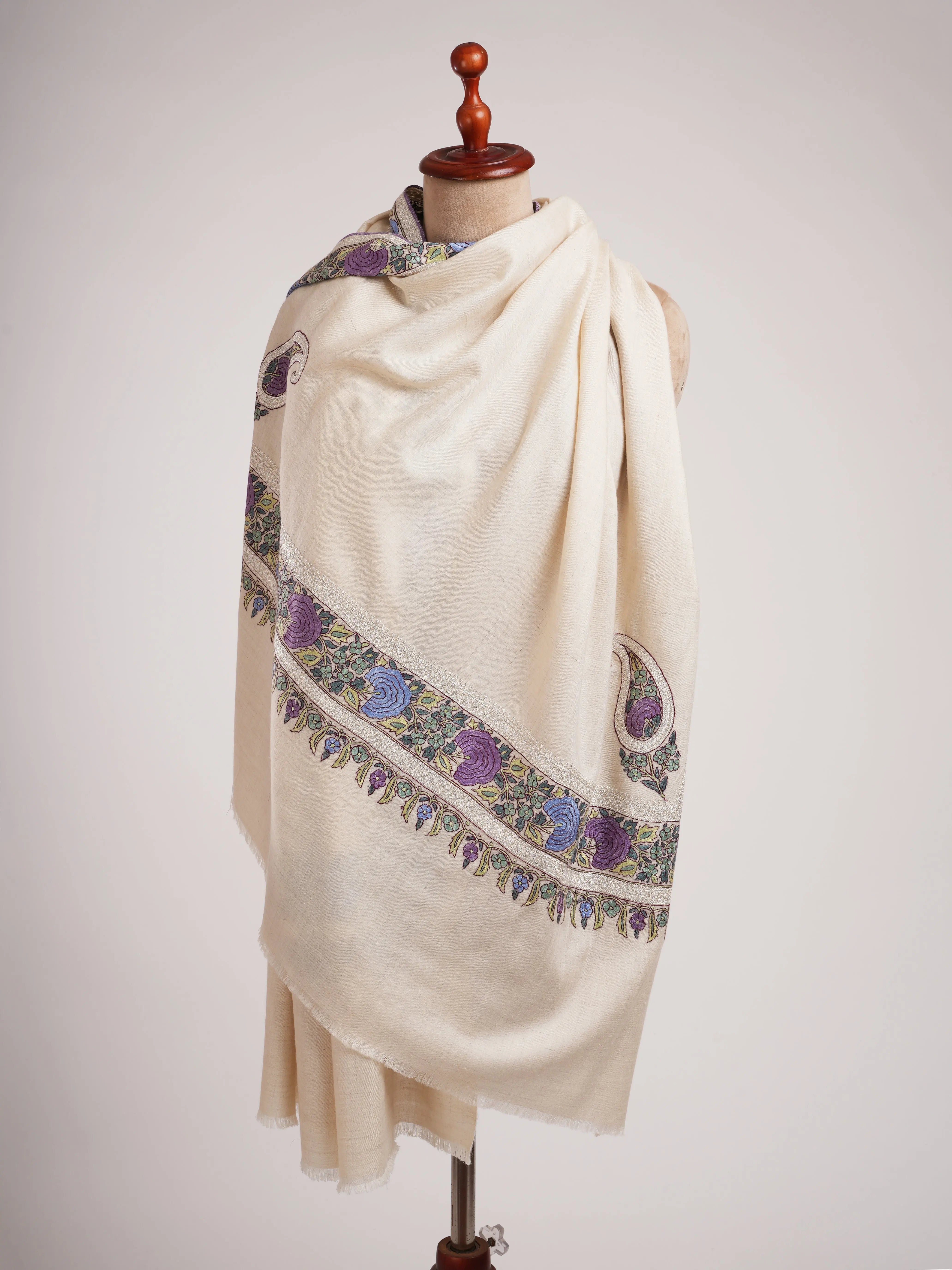 Ivory Artisanal Pashmina with Papermachie and Tilla Embroidery Shahkaar