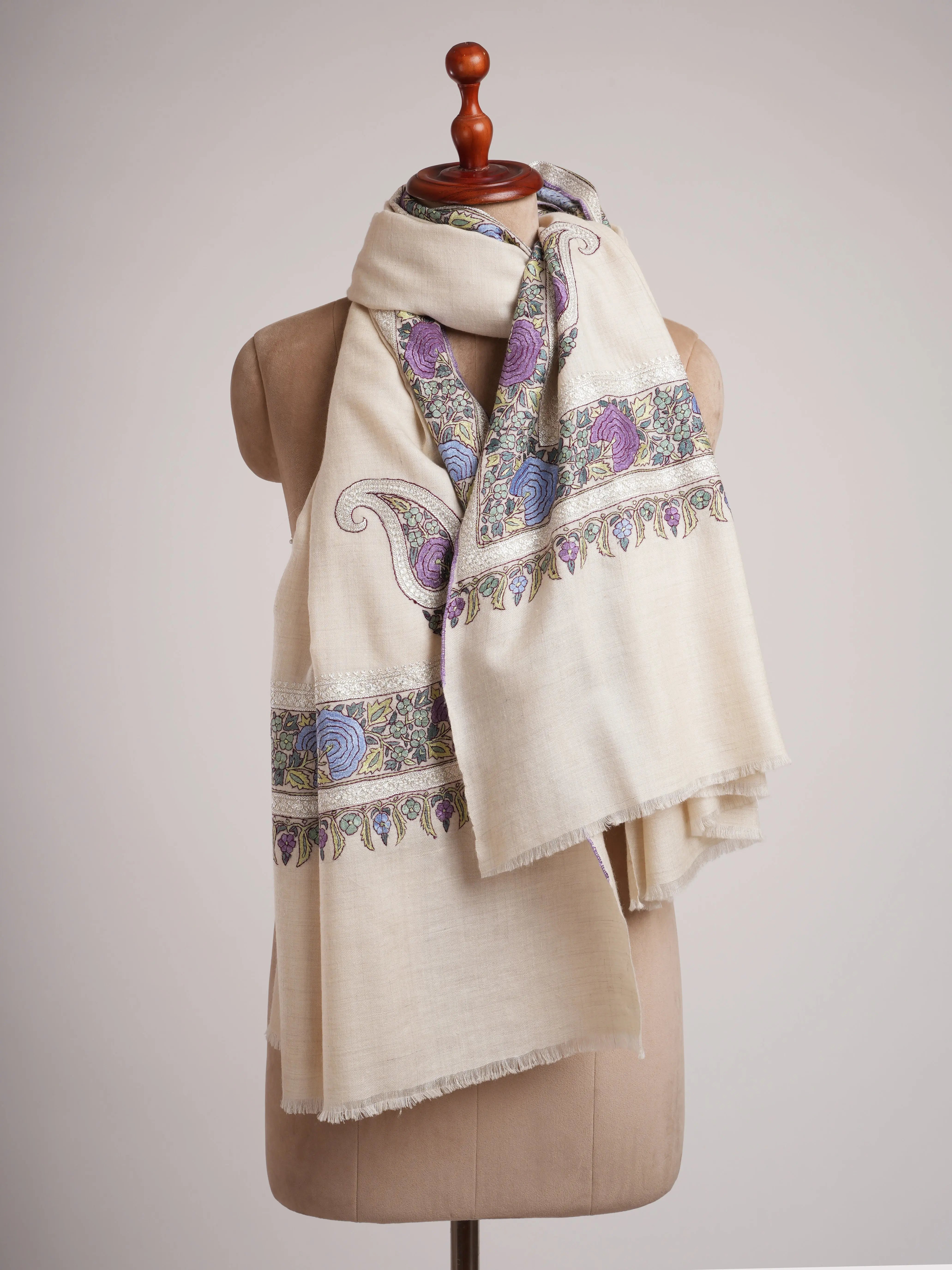 Ivory Artisanal Pashmina with Papermachie and Tilla Embroidery Shahkaar