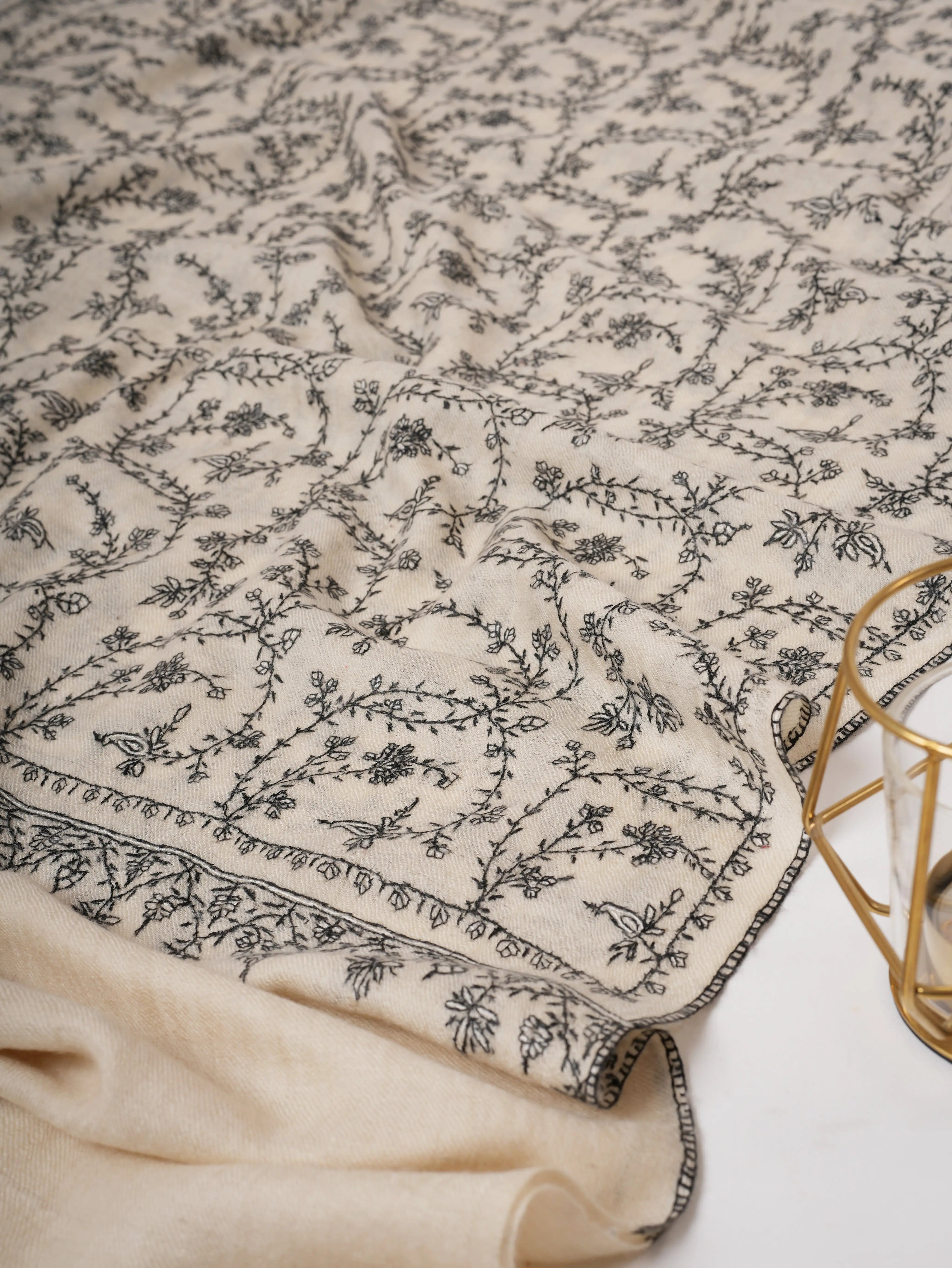 Ivory Cashmere Scarf with Black White Needle Embroidery – Authentic Kashmiri Textile Shahkaar