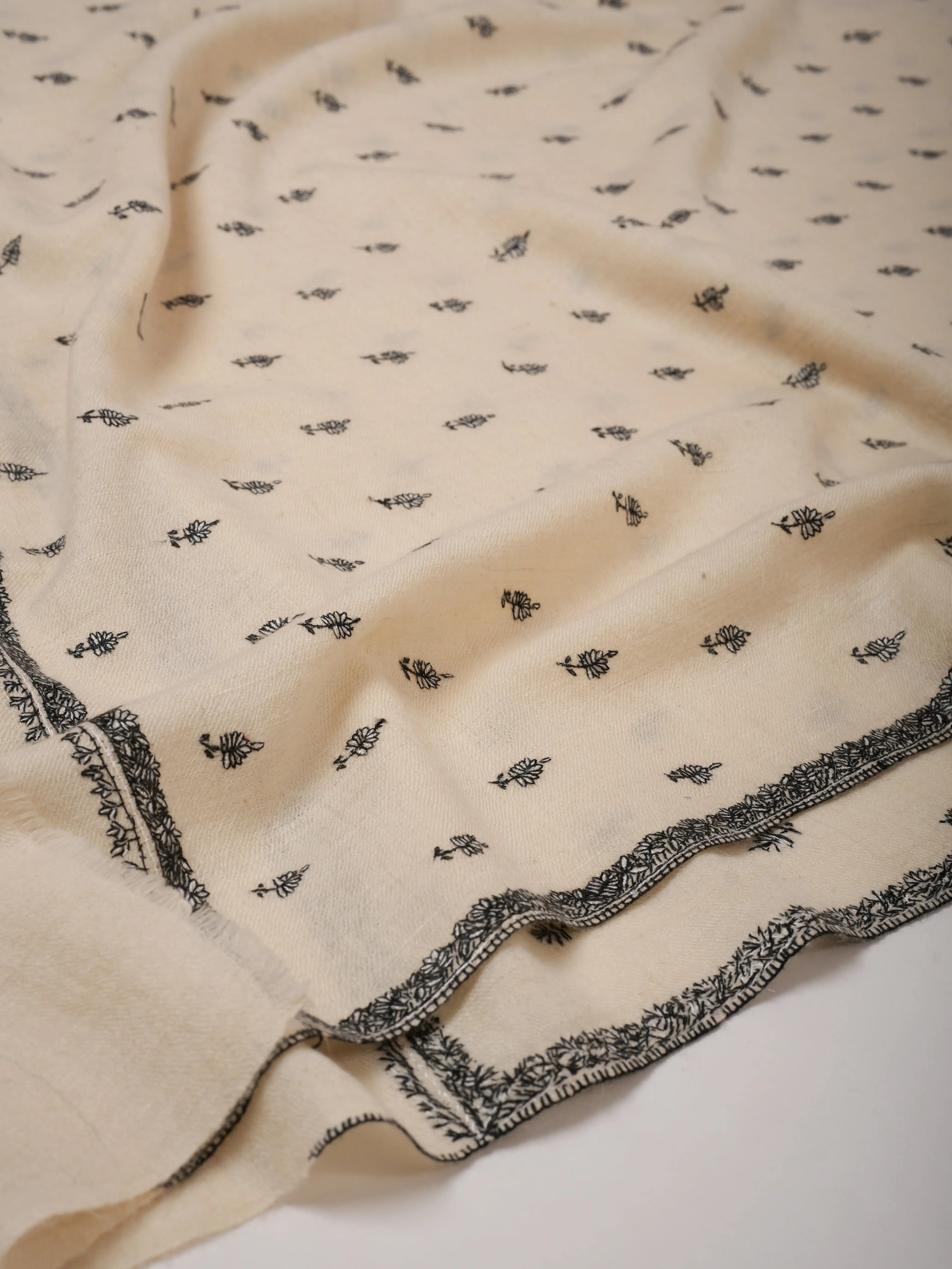 Ivory Cashmere Scarf with Black & White Buti Sozni Embroidery Shahkaar