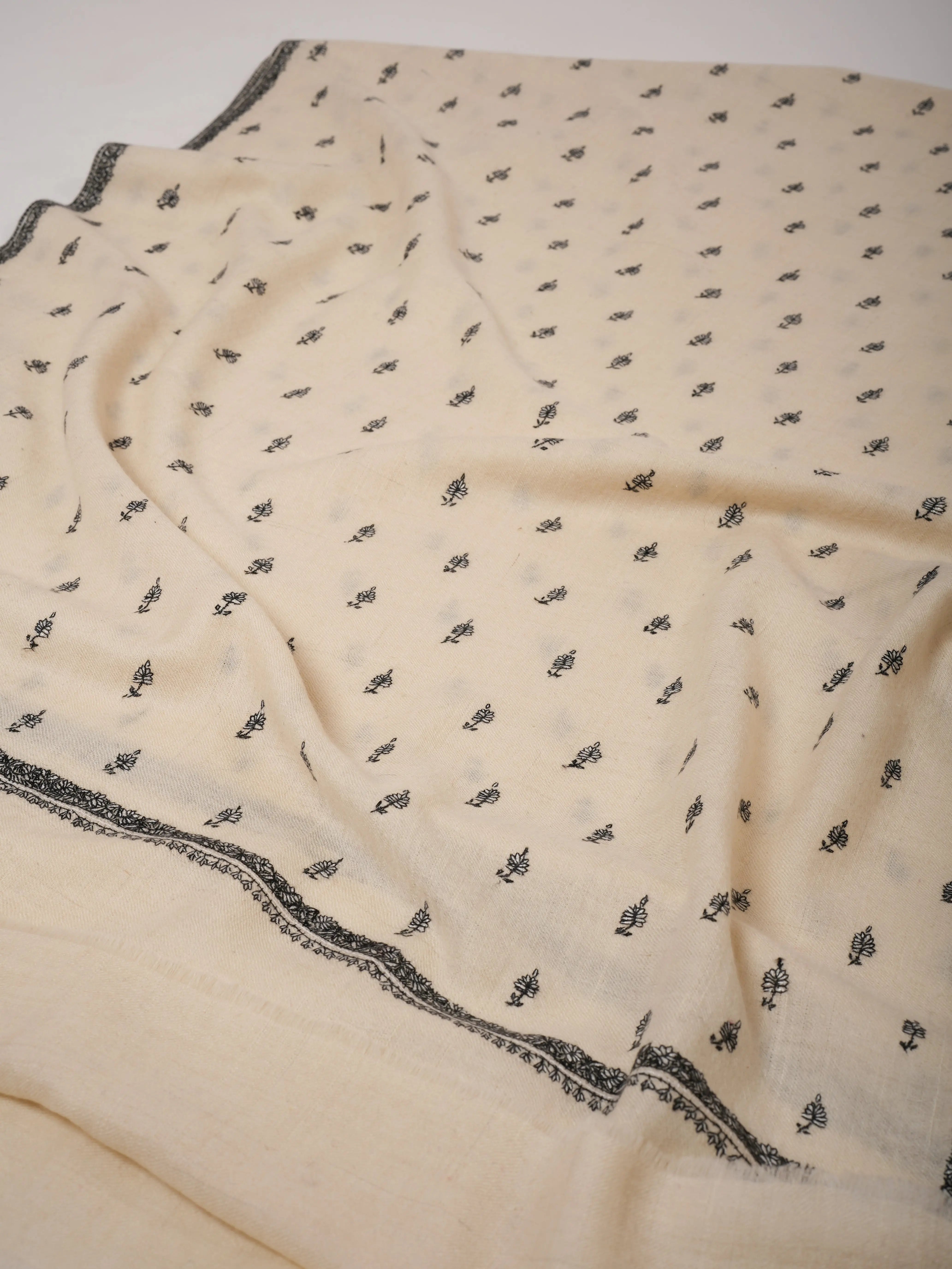 Ivory Cashmere Scarf with Black & White Buti Sozni Embroidery Shahkaar