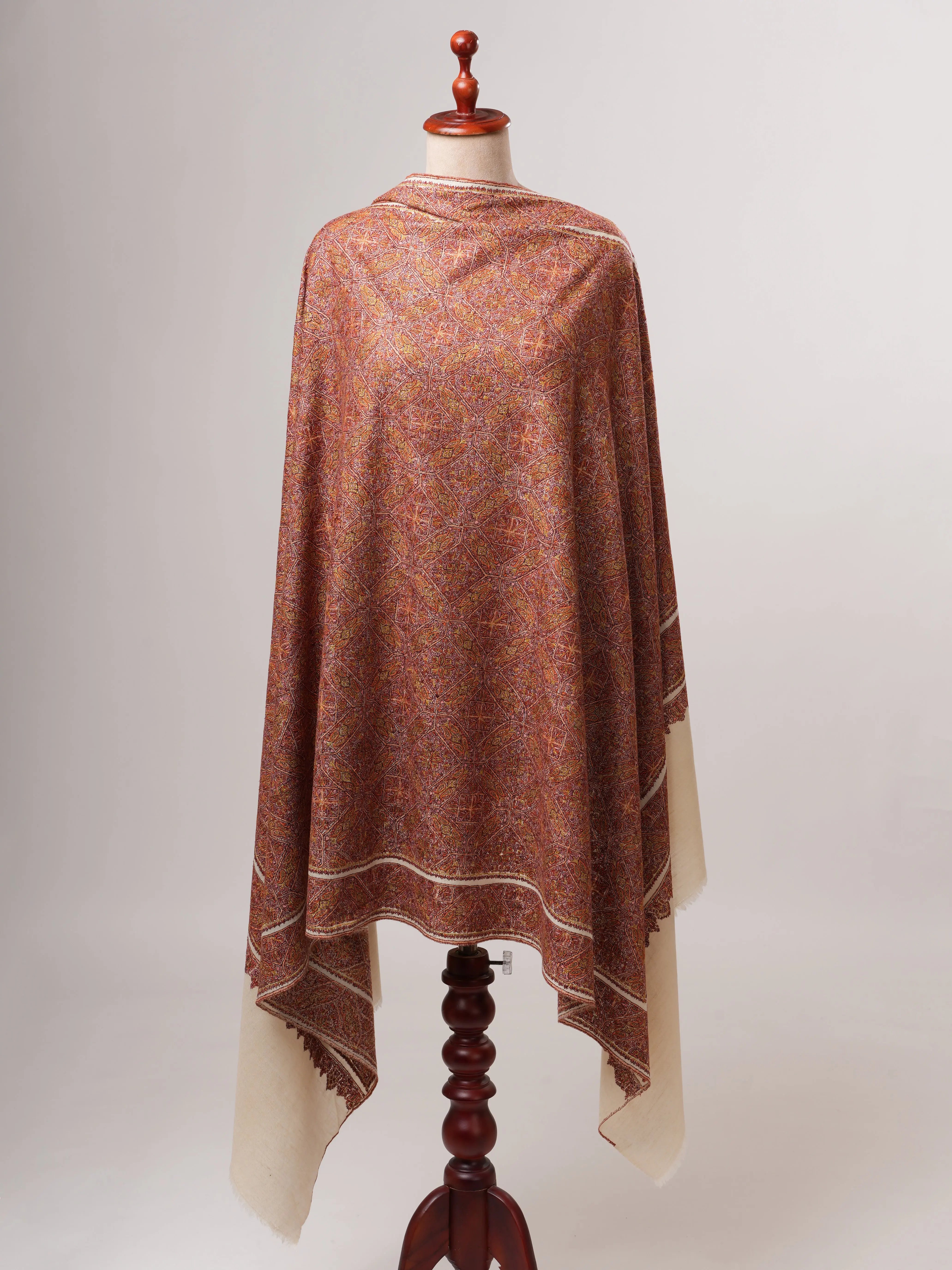 Ivory Classic Jamavar Pashmina Shawl with Intricate Sozni Hand Embroidery Shahkaar