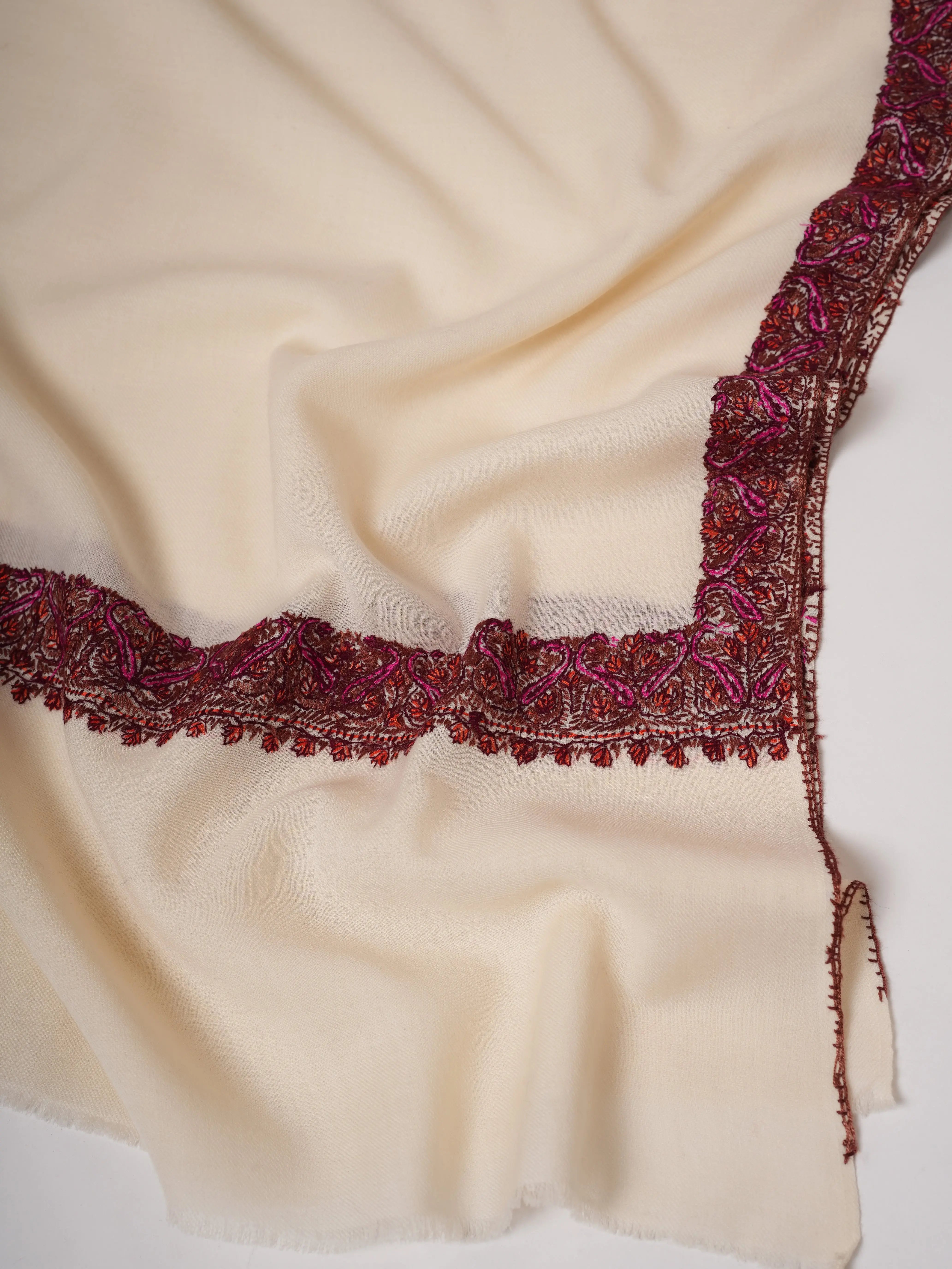 Ivory Fine Wool Indian Shawl with Border Hand Embroidery Shahkaar