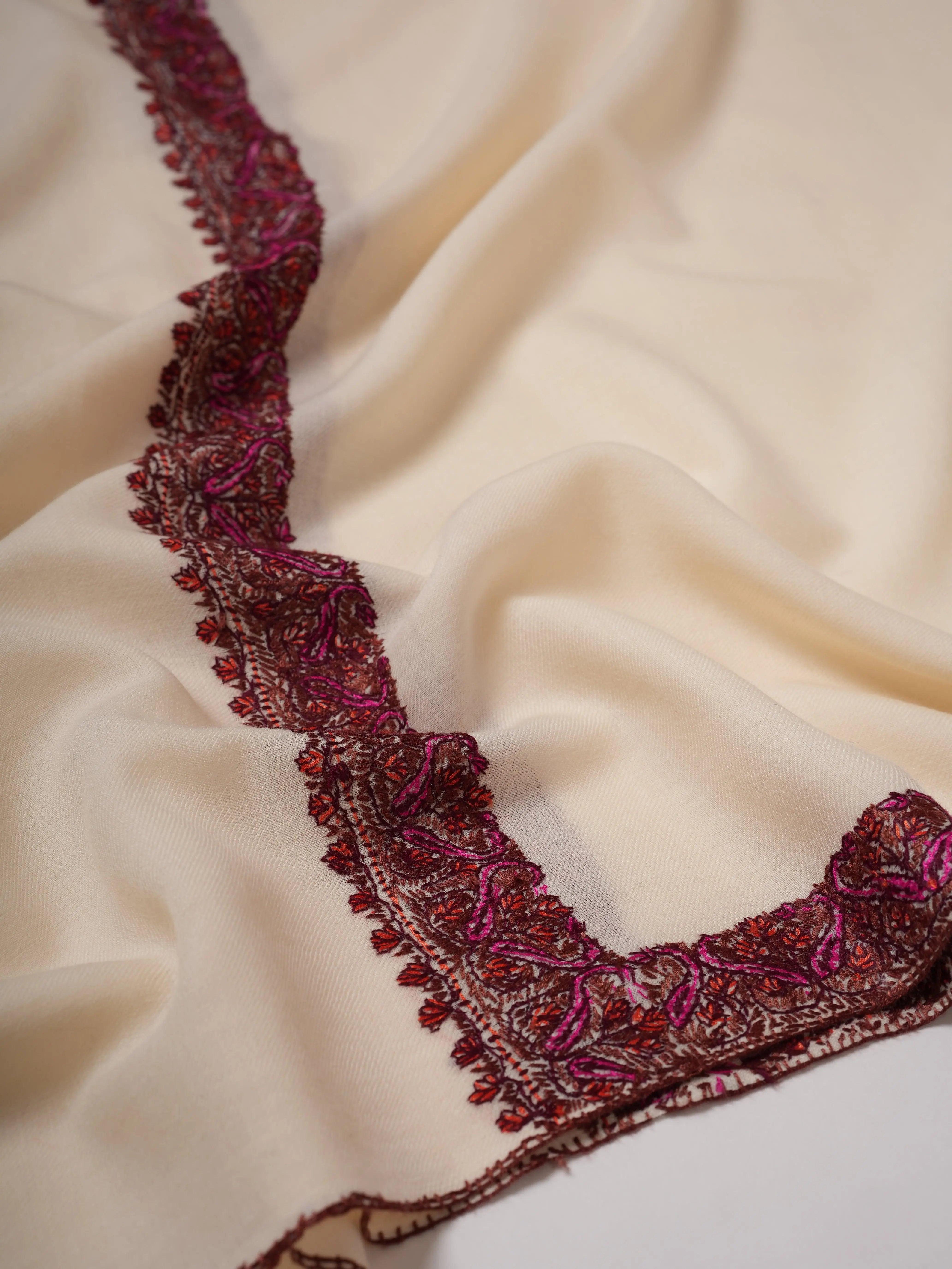 Ivory Fine Wool Indian Shawl with Border Hand Embroidery Shahkaar