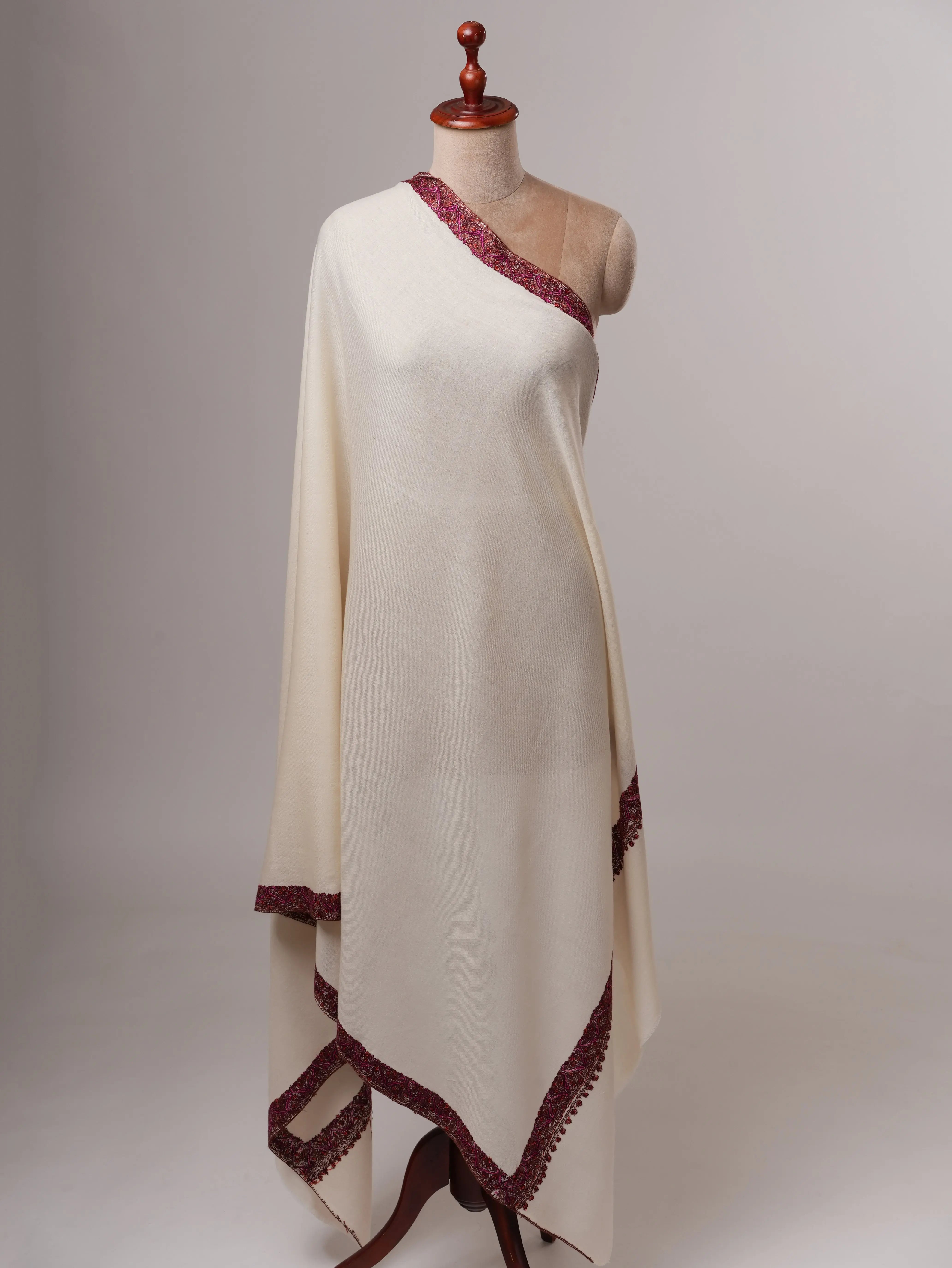 Ivory Fine Wool Indian Shawl with Border Hand Embroidery Shahkaar
