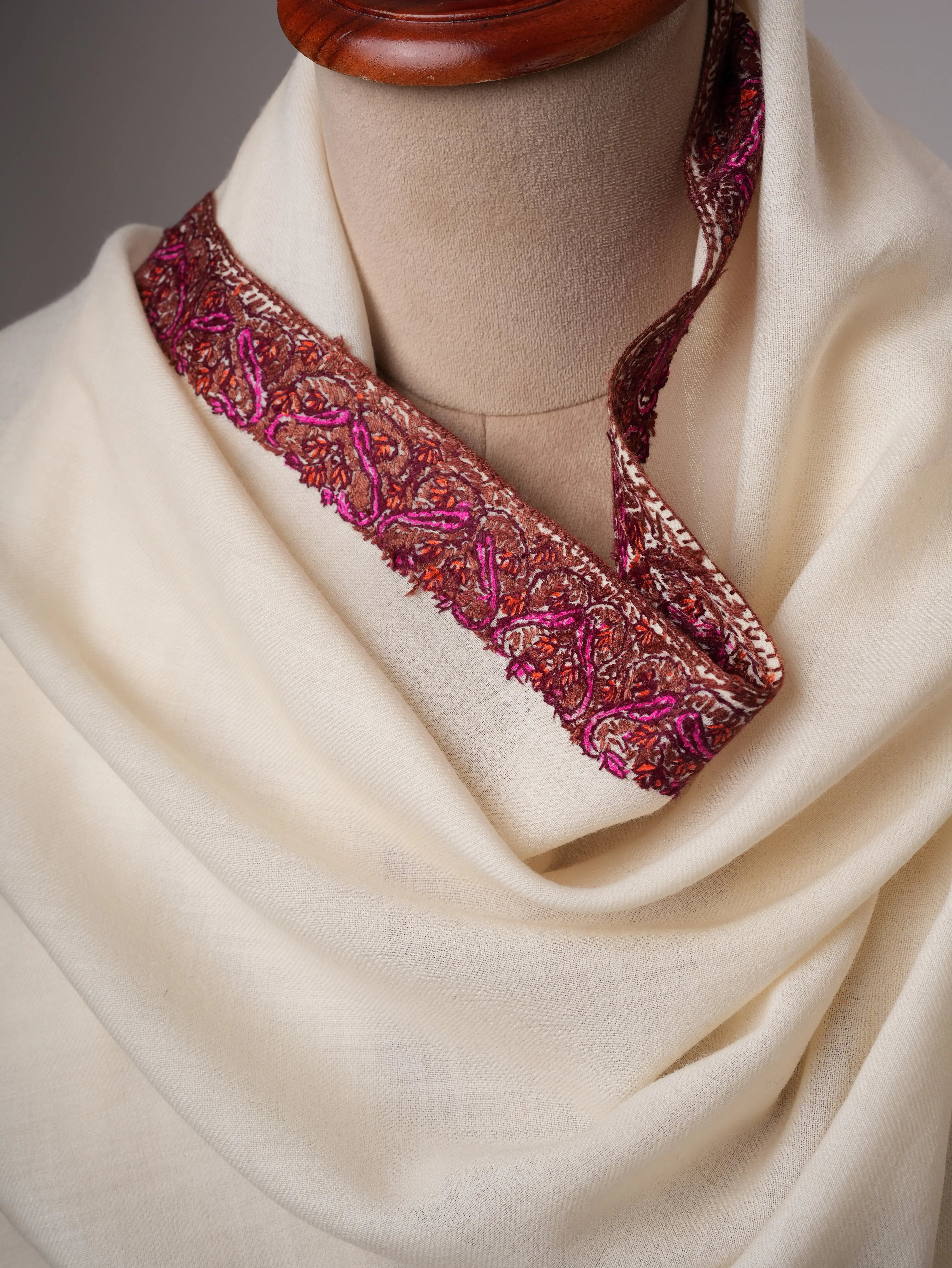 Ivory Fine Wool Indian Shawl with Border Hand Embroidery Shahkaar