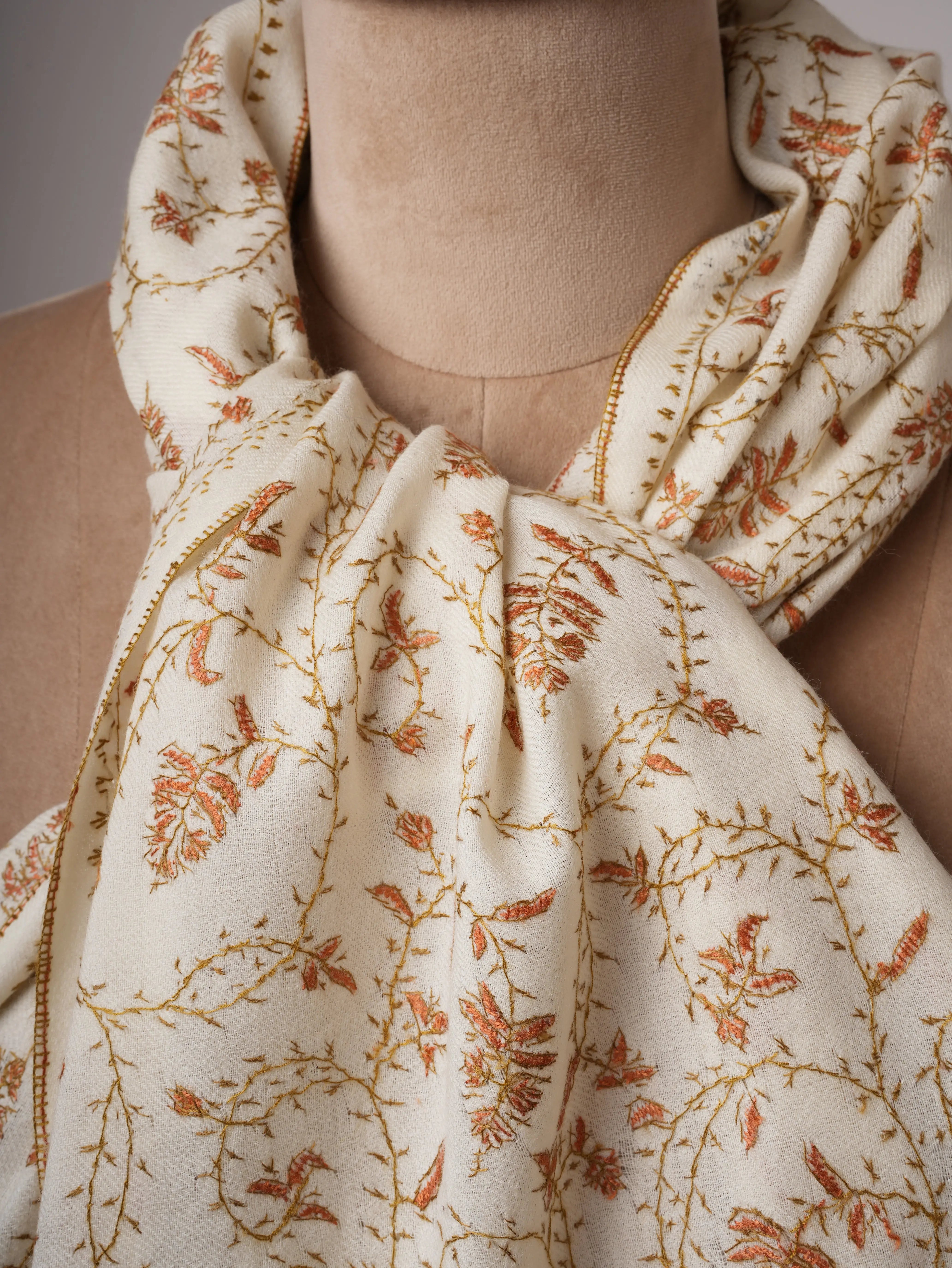 Ivory Fine Wool Scarf with Hand Embroidery Shahkaar
