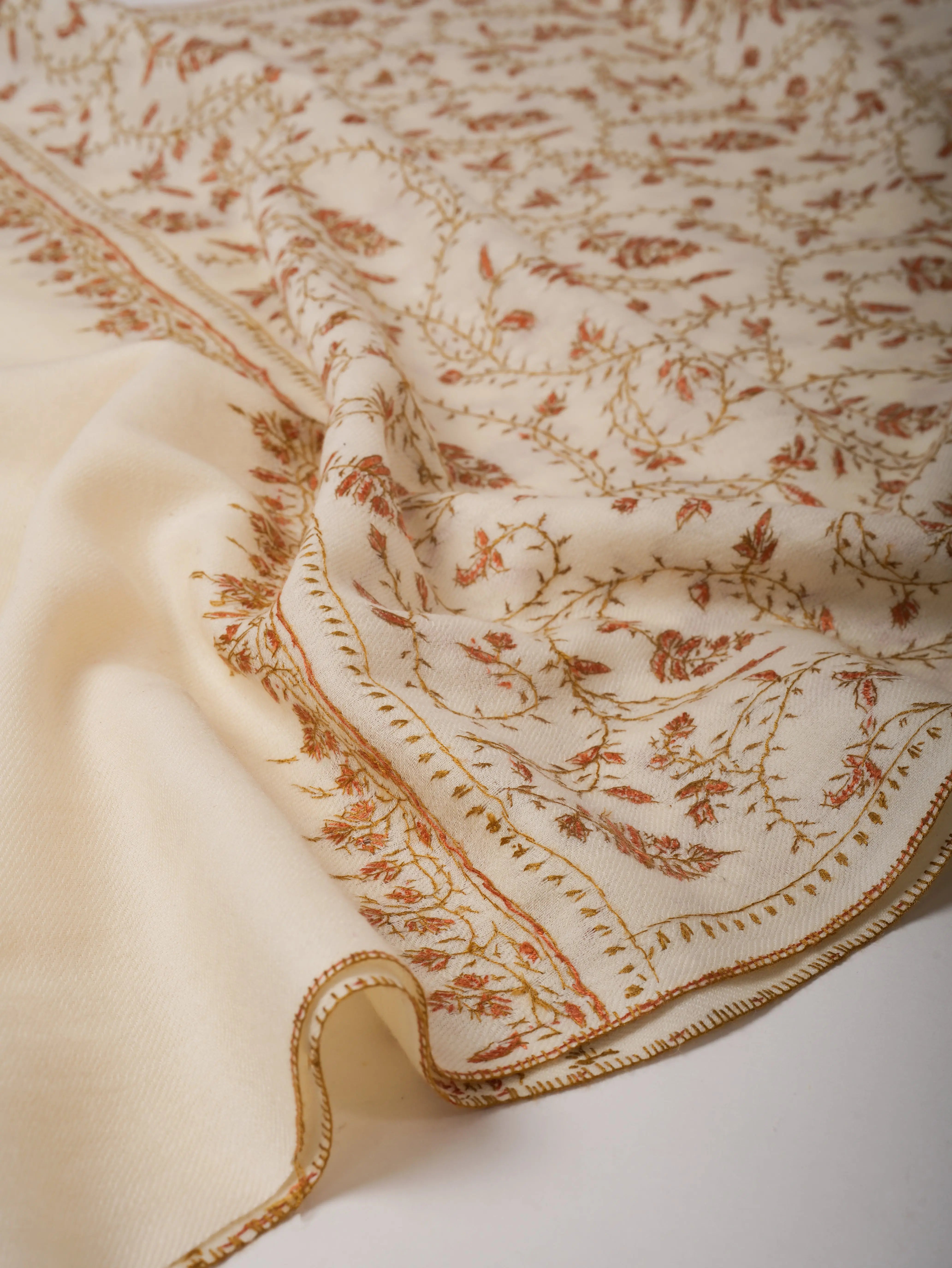 Ivory Fine Wool Scarf with Hand Embroidery Shahkaar