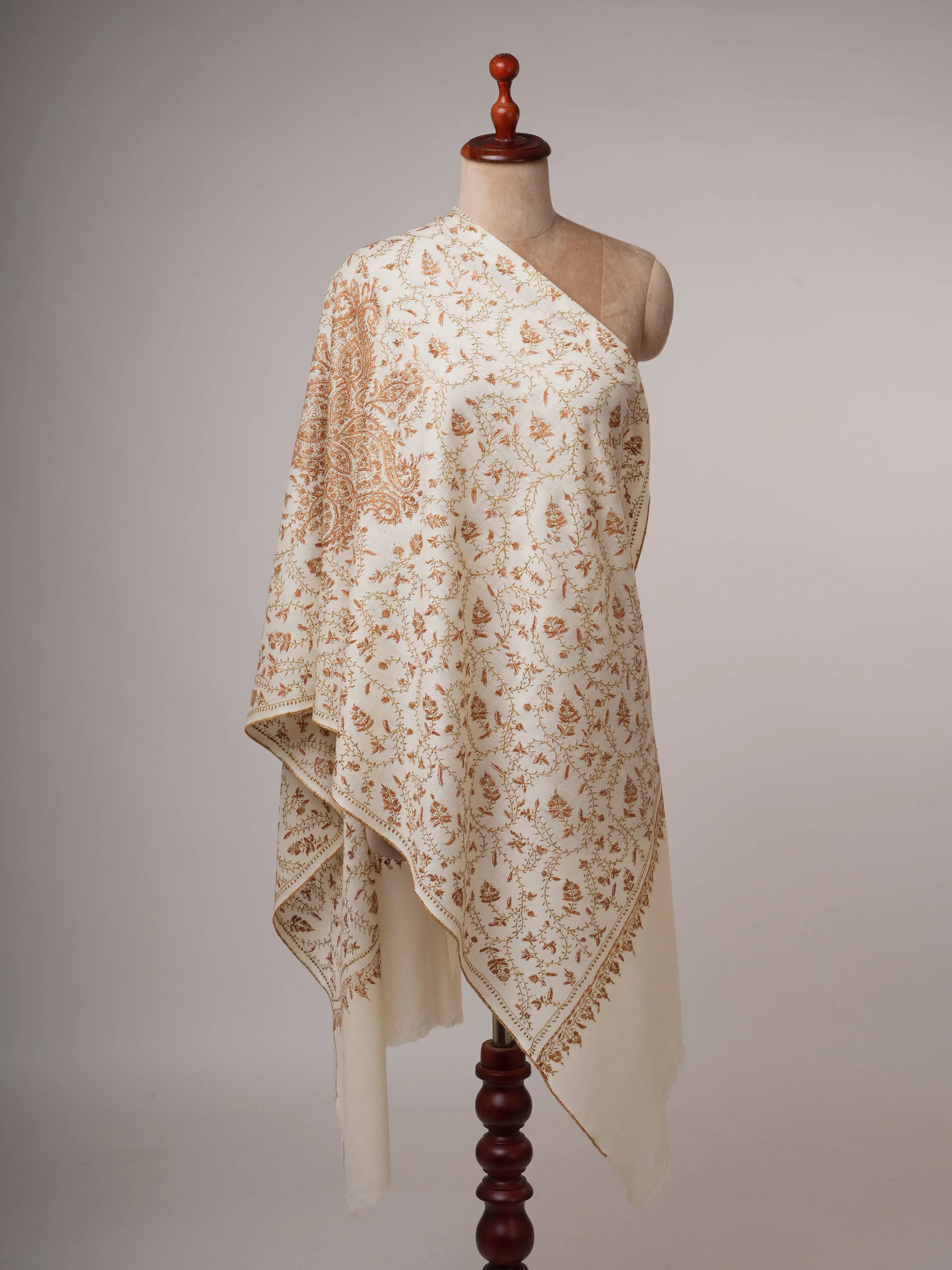 Ivory Fine Wool Scarf with Hand Embroidery Shahkaar