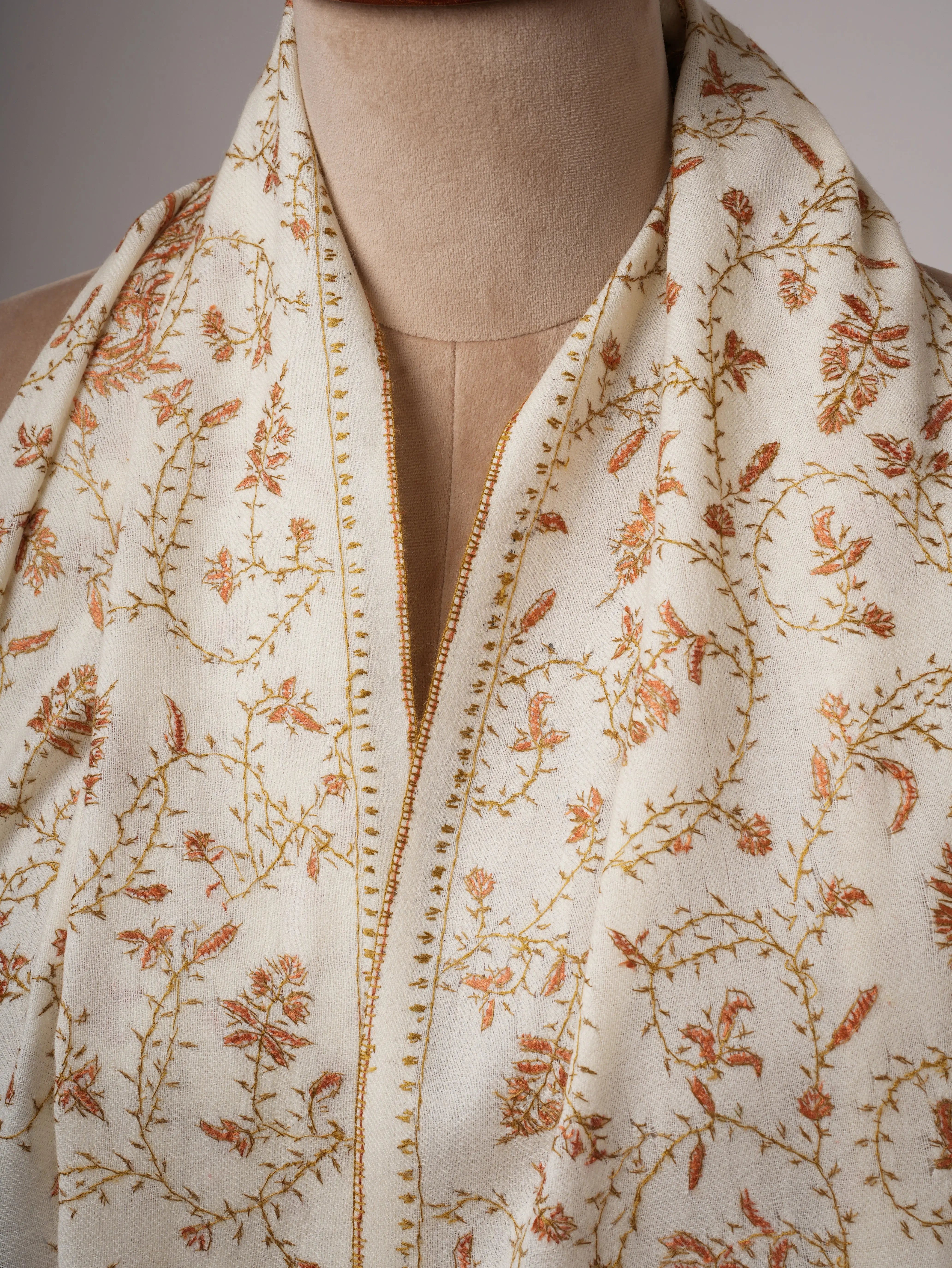 Ivory Fine Wool Scarf with Hand Embroidery Shahkaar