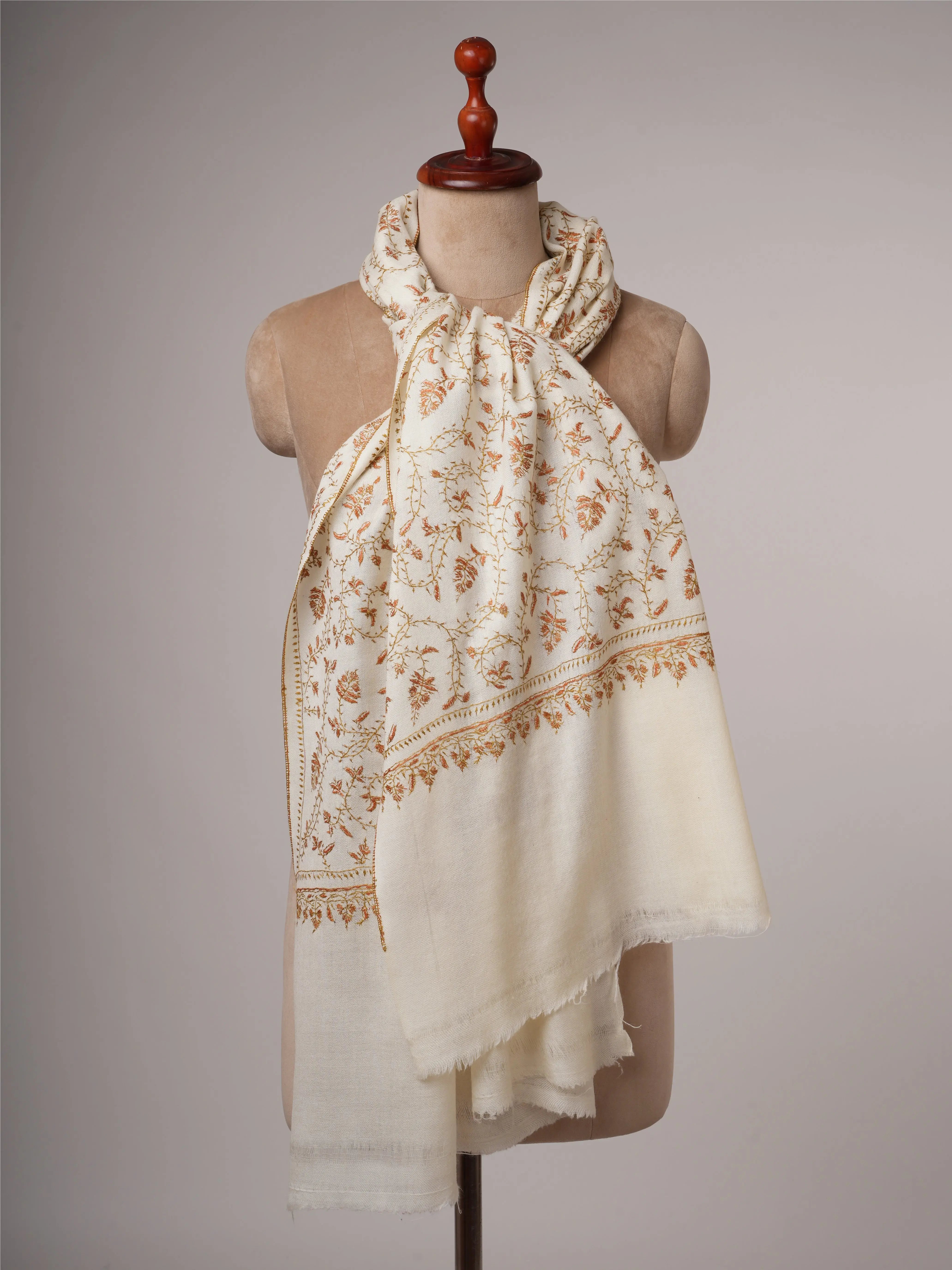 Ivory Fine Wool Scarf with Hand Embroidery Shahkaar