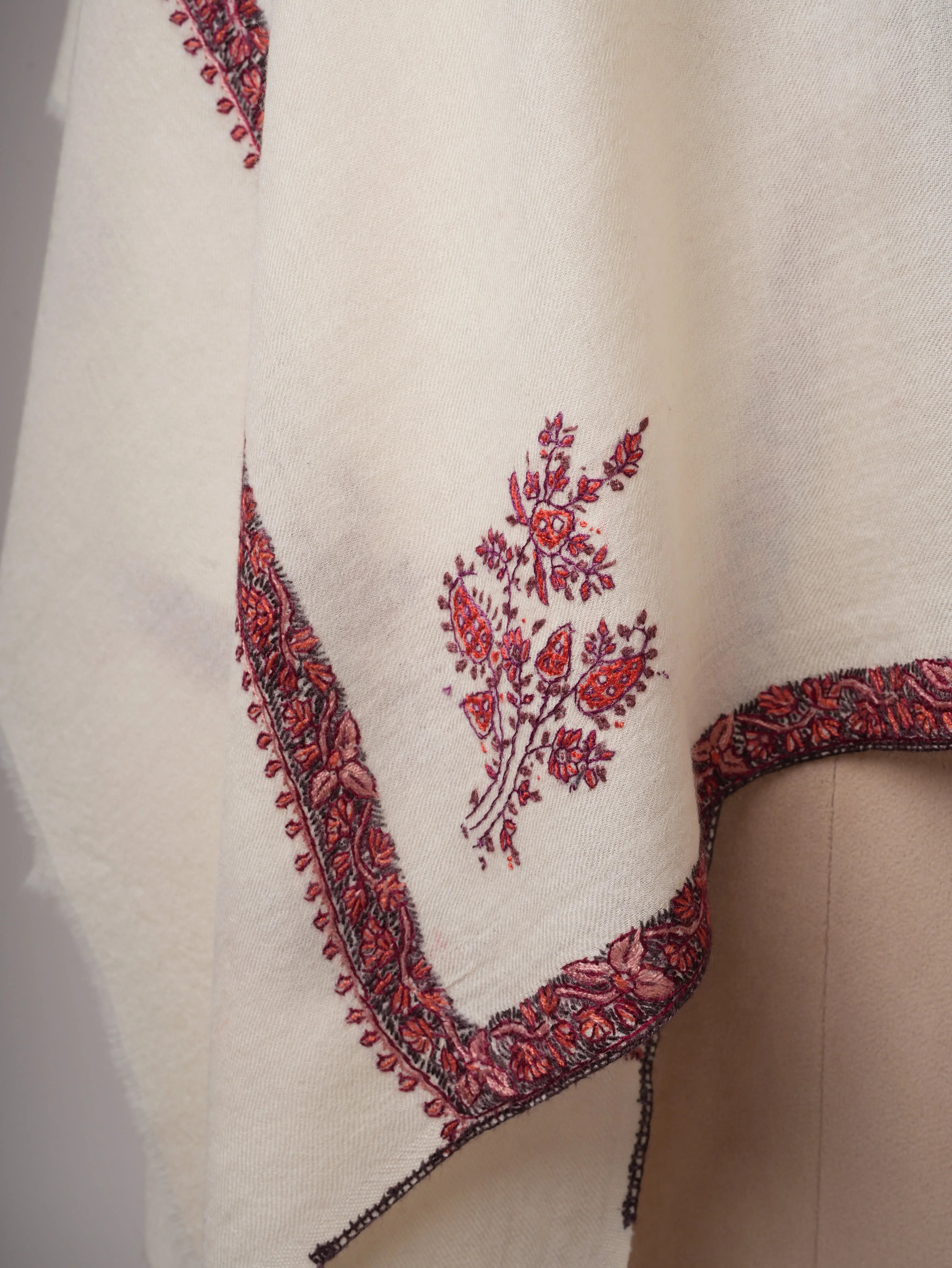 Ivory Fine Wool Shawl with Hand Embroidered Corner Motif & Jali Center Shahkaar