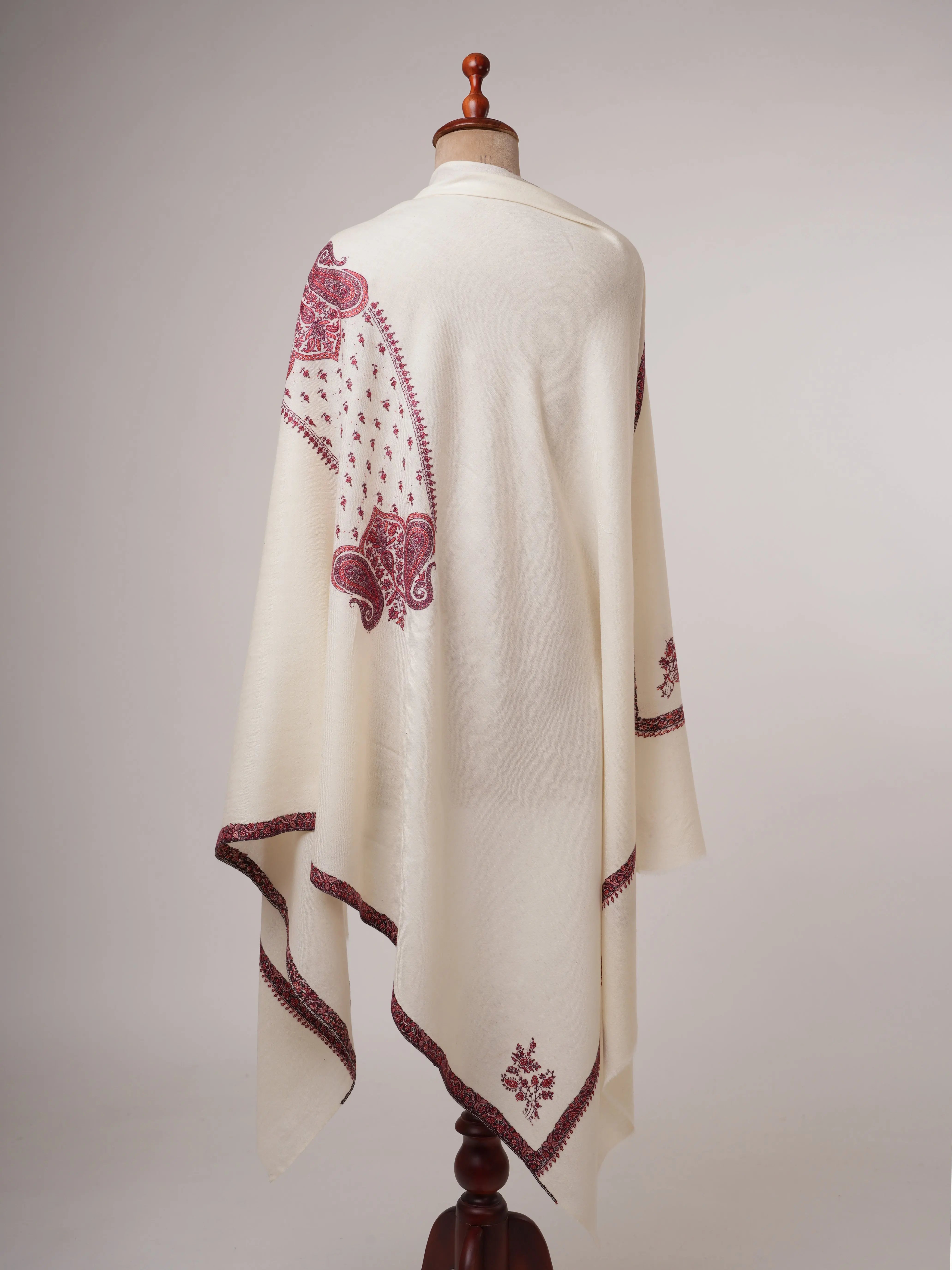 Ivory Fine Wool Shawl with Hand Embroidered Corner Motif & Jali Center Shahkaar