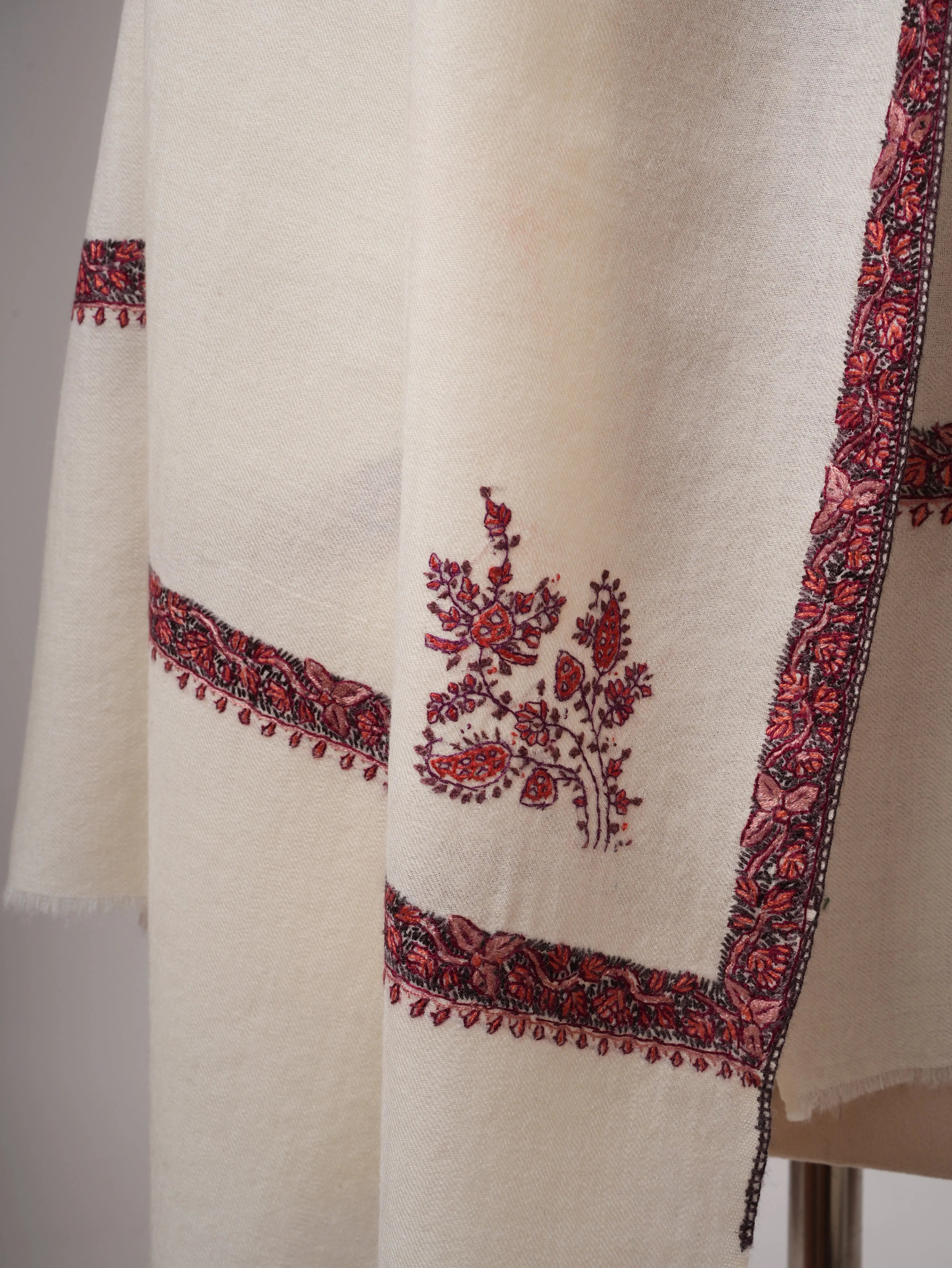 Ivory Fine Wool Shawl with Hand Embroidered Corner Motif & Jali Center Shahkaar