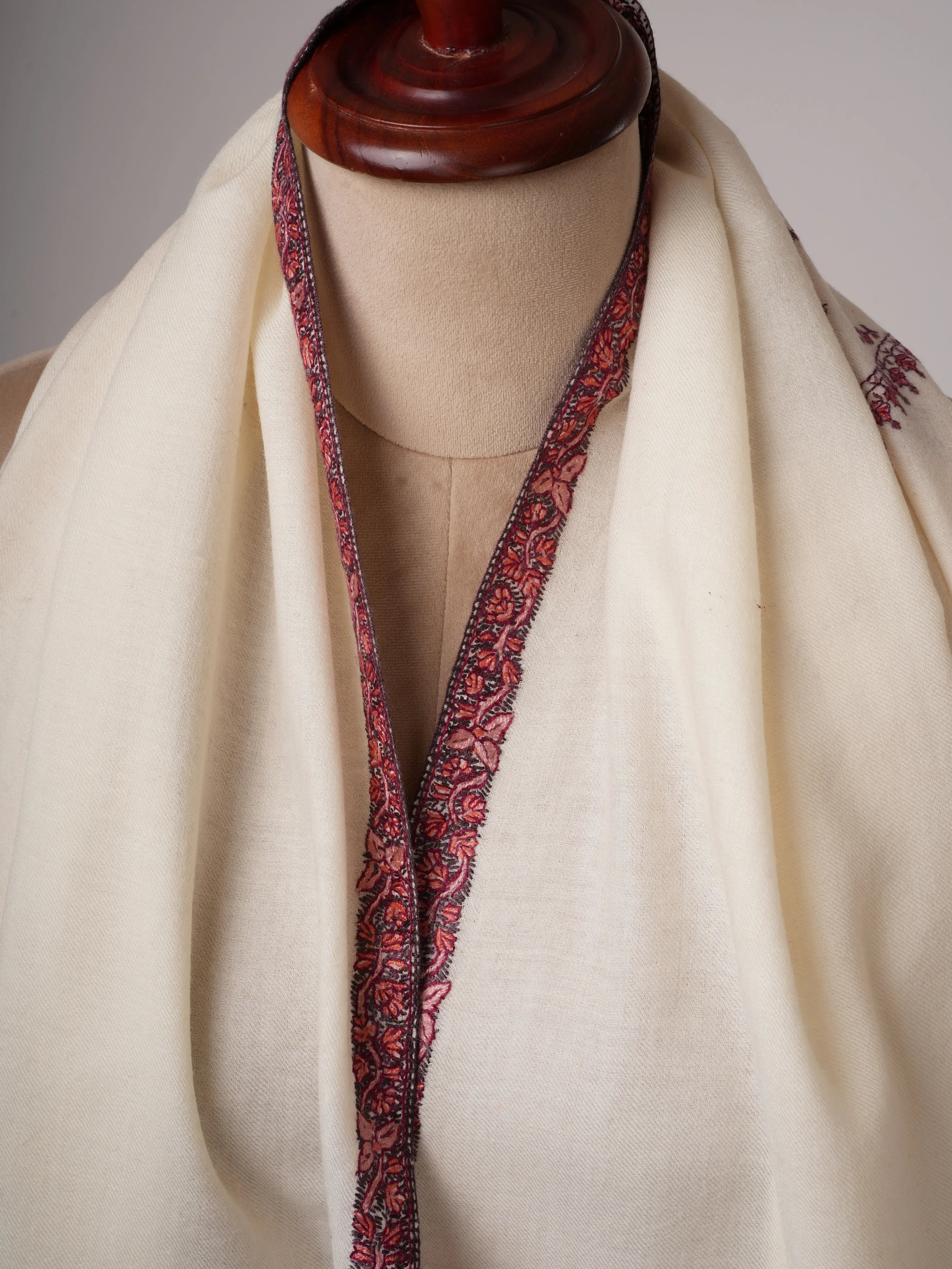 Ivory Fine Wool Shawl with Hand Embroidered Corner Motif & Jali Center Shahkaar