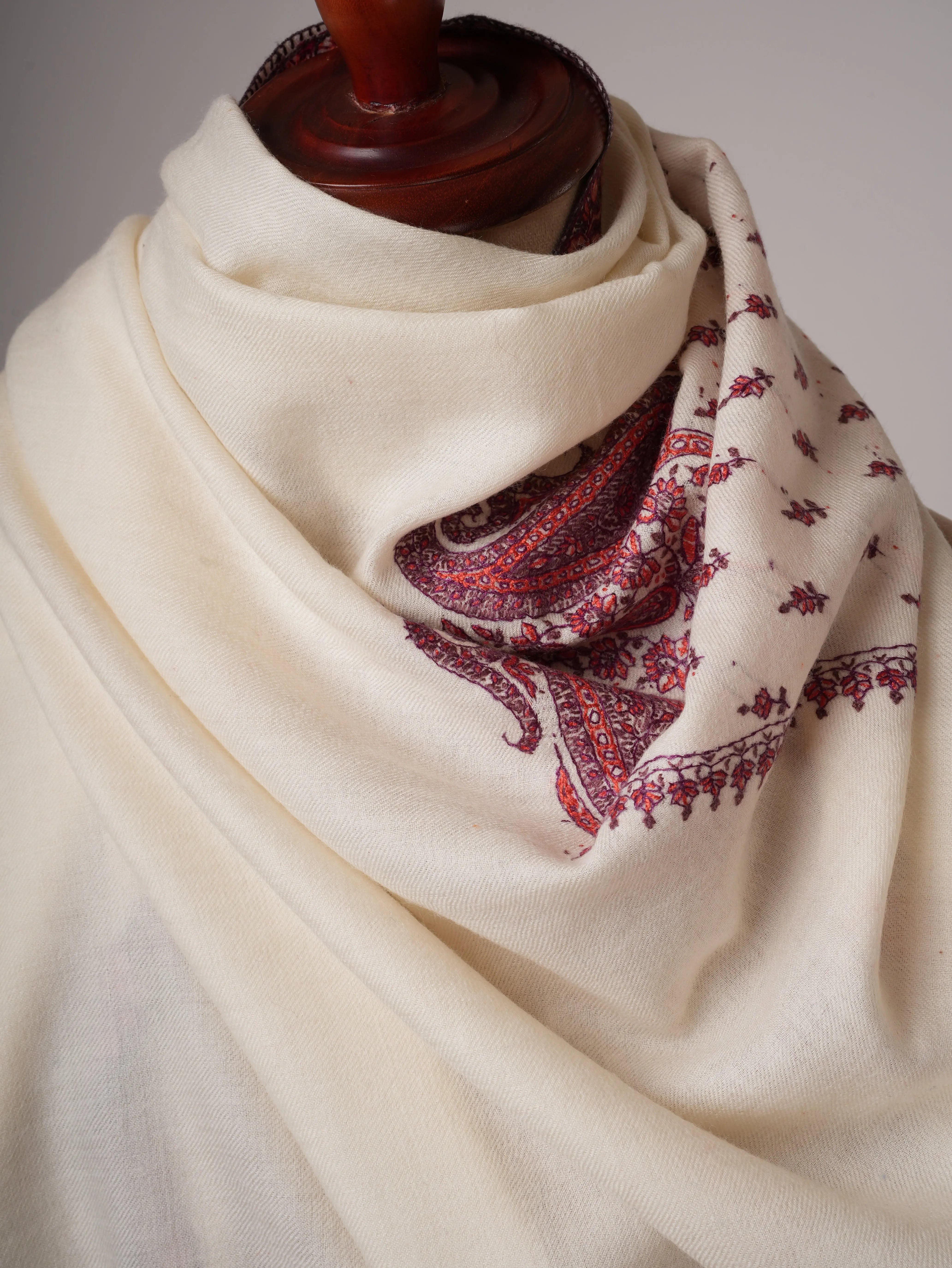 Ivory Fine Wool Shawl with Hand Embroidered Corner Motif & Jali Center Shahkaar