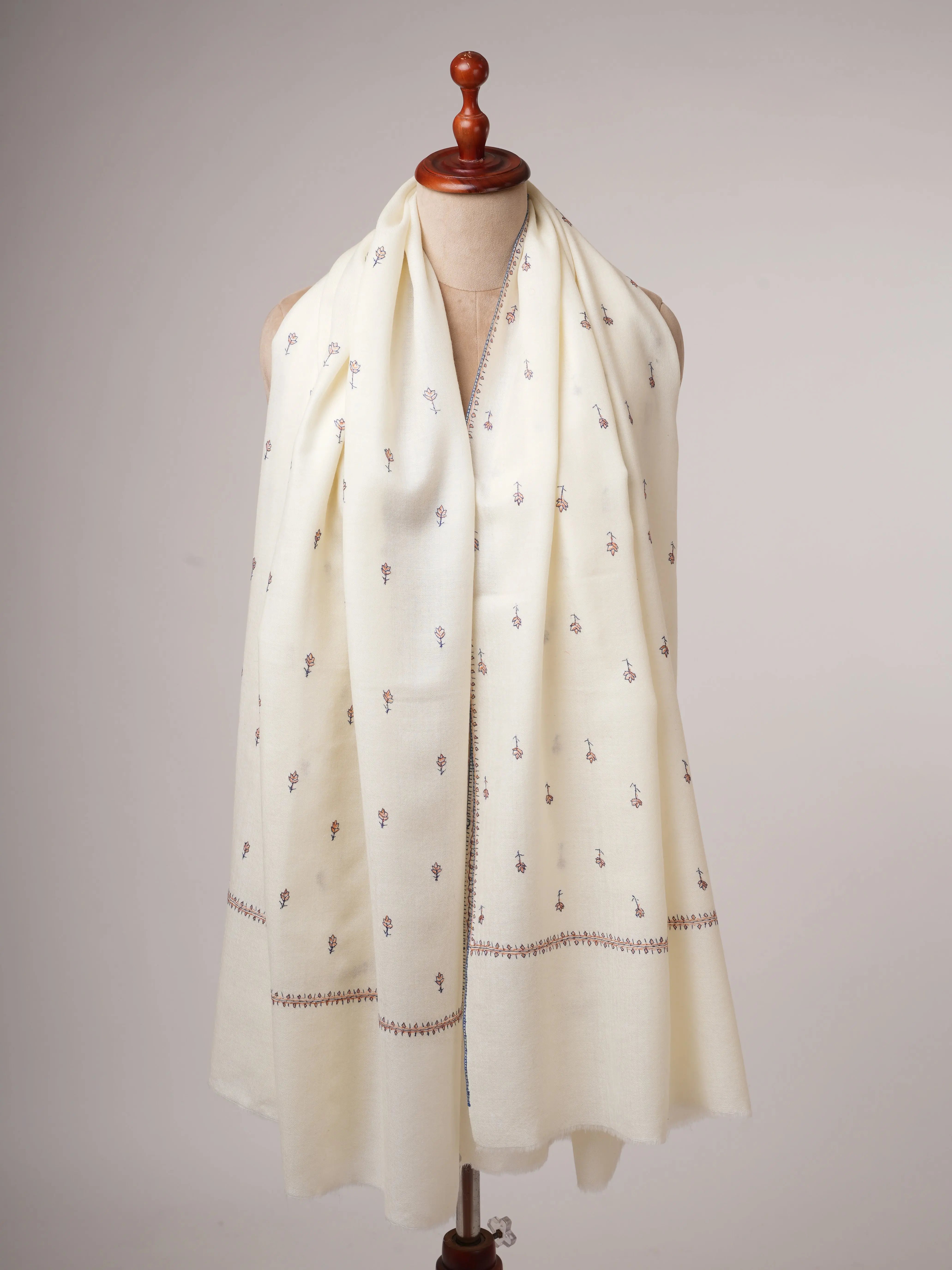 Ivory Fine Wool Wrap with Hand Embroidery Shahkaar