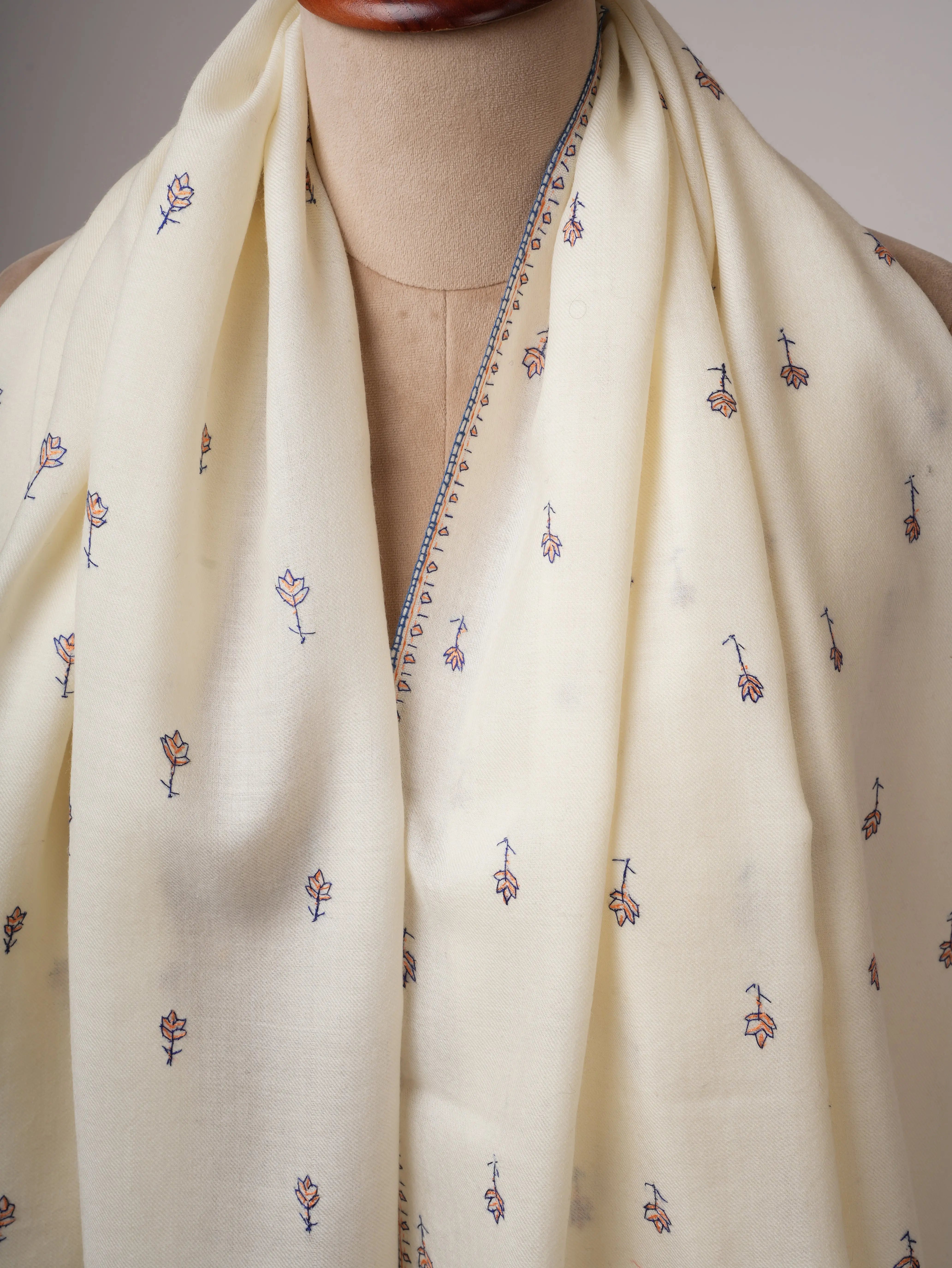 Ivory Fine Wool Wrap with Hand Embroidery Shahkaar