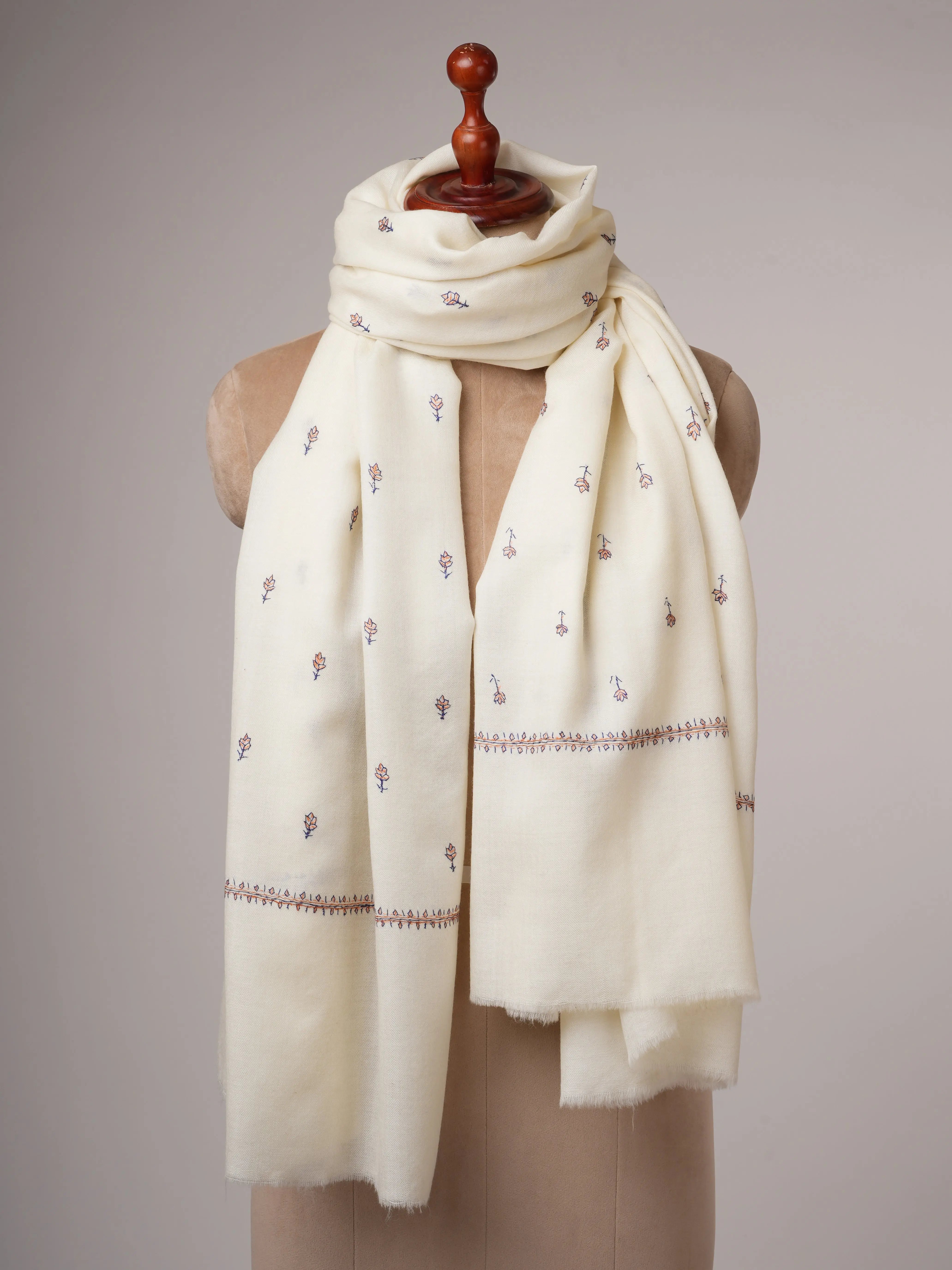 Ivory Fine Wool Wrap with Hand Embroidery Shahkaar