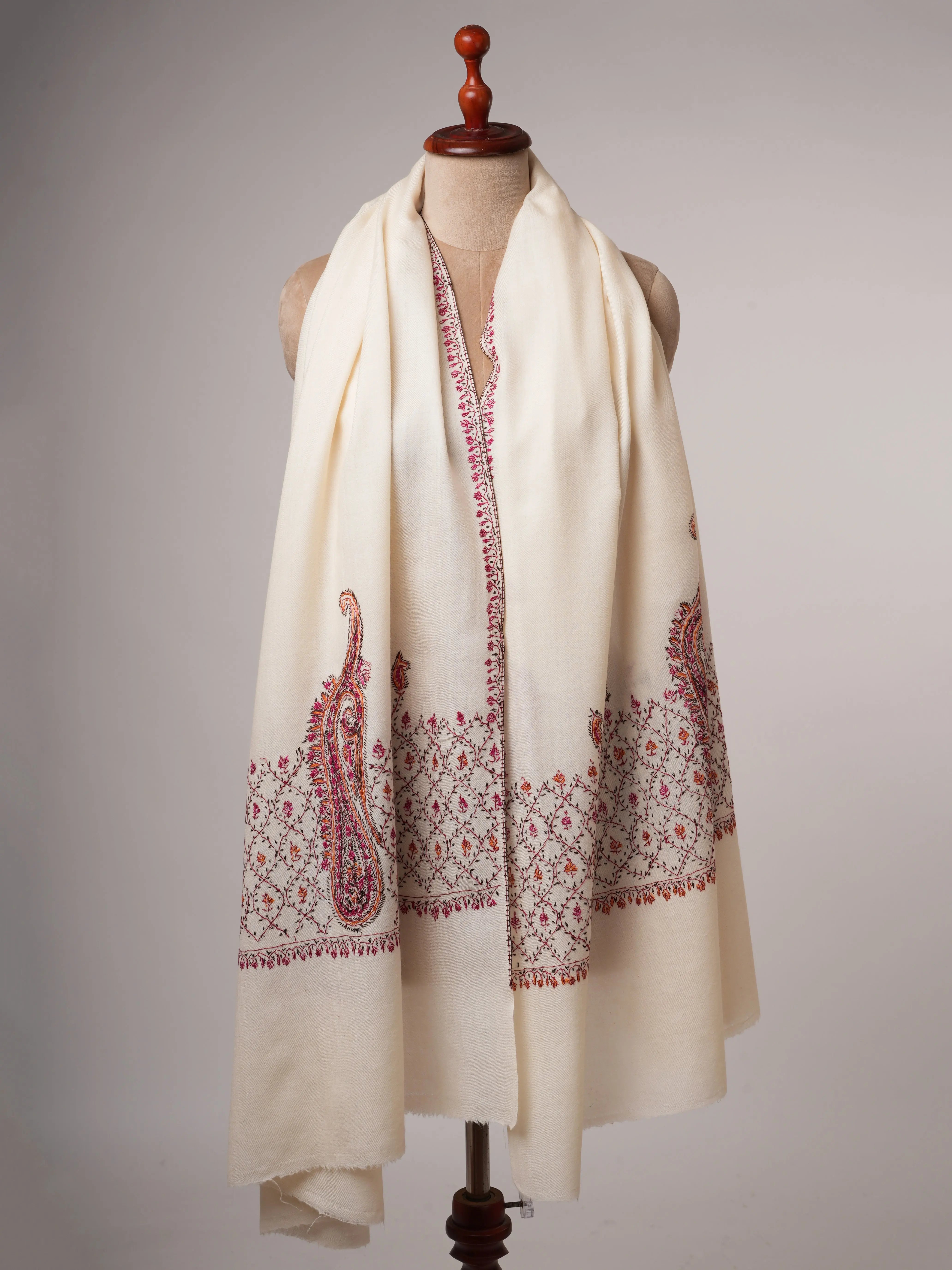 Ivory Hand Embroidered Fine Wool Shawl with Paisley Palla Shahkaar