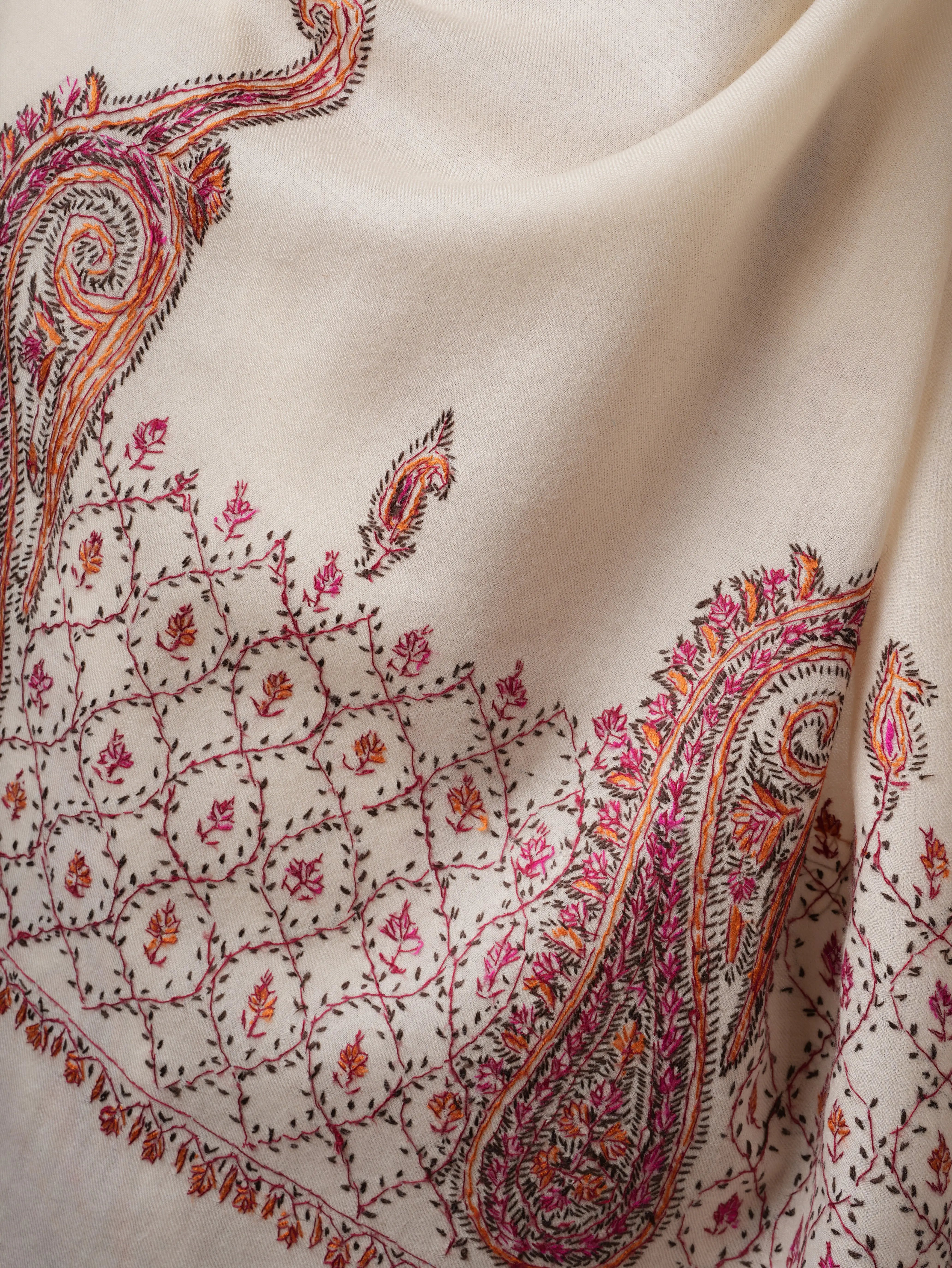 Ivory Hand Embroidered Fine Wool Shawl with Paisley Palla Shahkaar