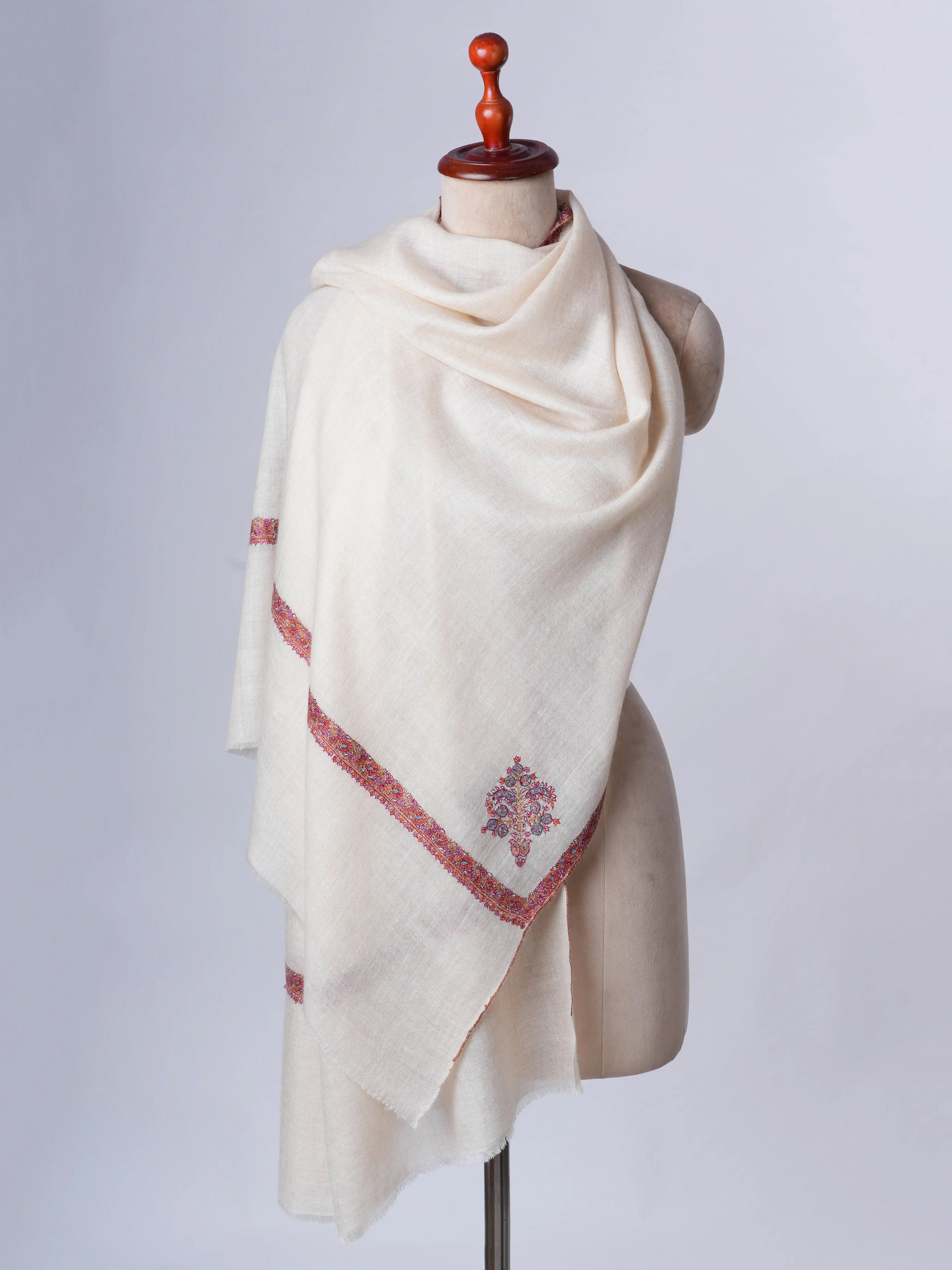 Ivory Hand Embroidered Hashia Baby Soft Cashmere Scarf Shahkaar