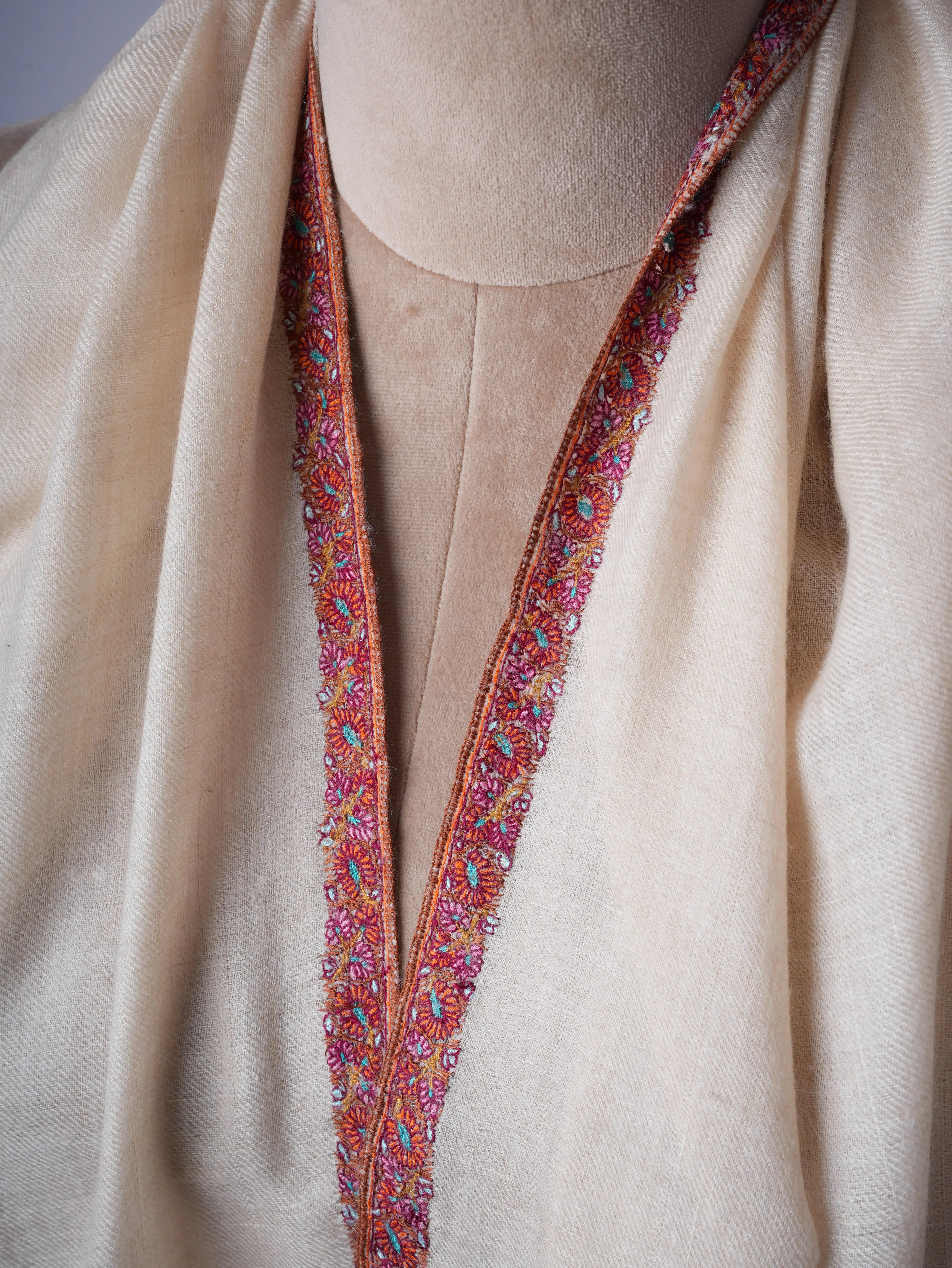 Ivory Hand Embroidered Hashia Baby Soft Cashmere Scarf Shahkaar